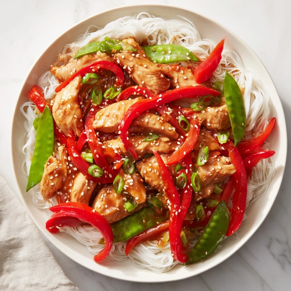 Savory Mongolian Chicken stir-fry showcases perfectly cooked chicken and noodles with a glossy sauce.