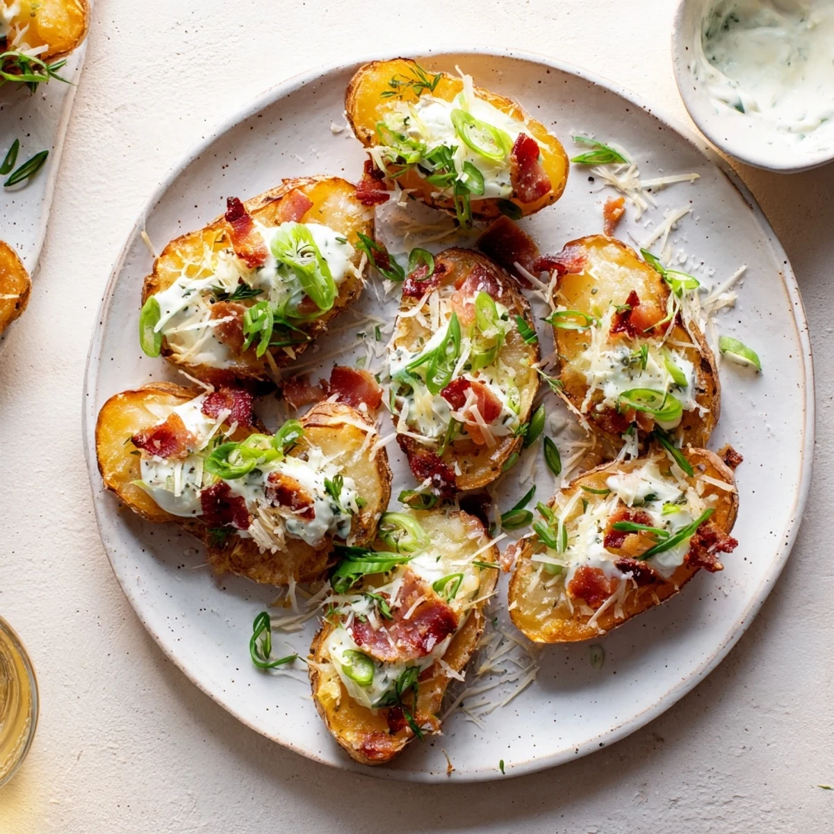 Sizzling, cheesy Loaded Baked Potato Skins, a savory appetizer piled high with fresh green onions.