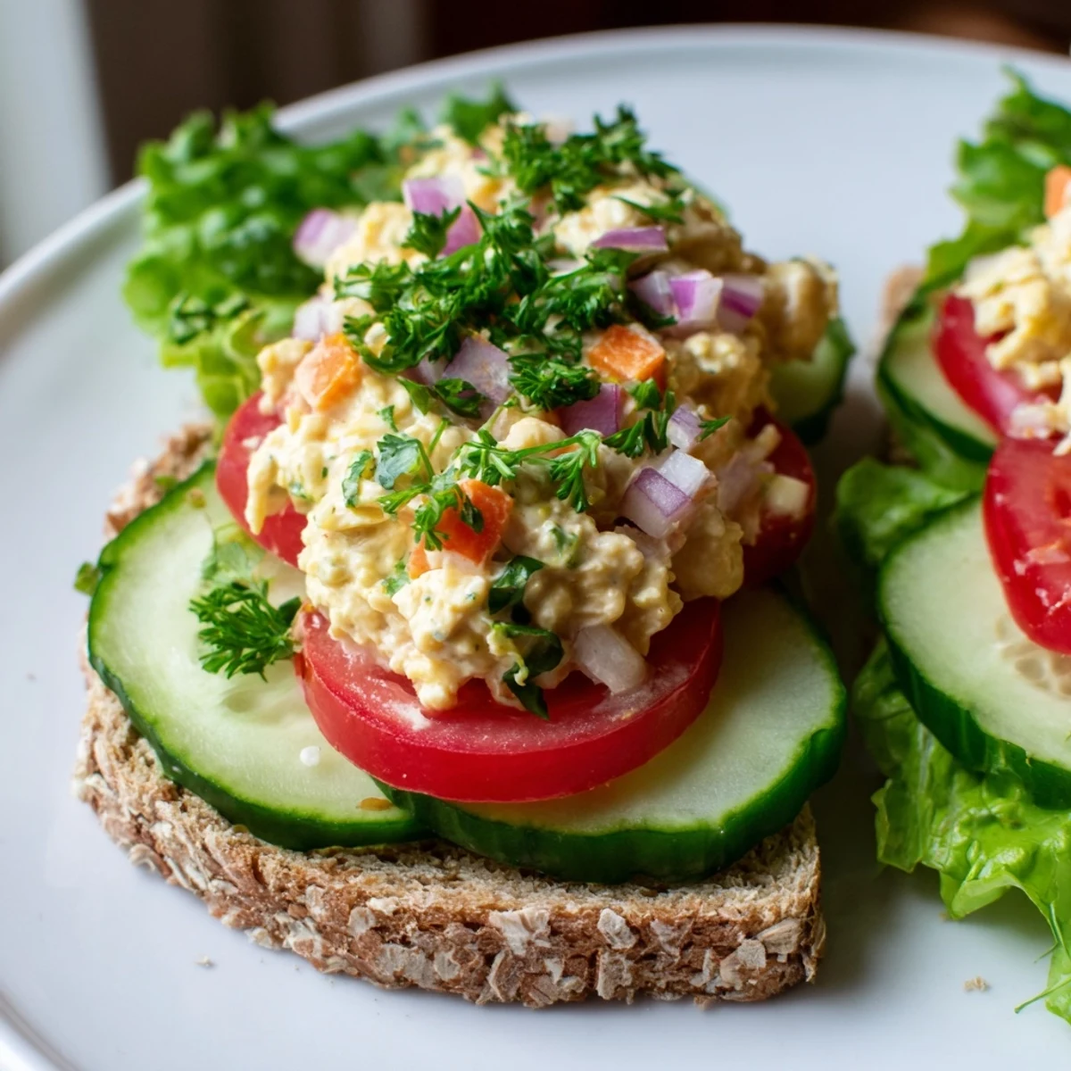 Delicious Easy Chickpea Salad Sandwich, a vegan delight with fresh veggies, ready to eat.