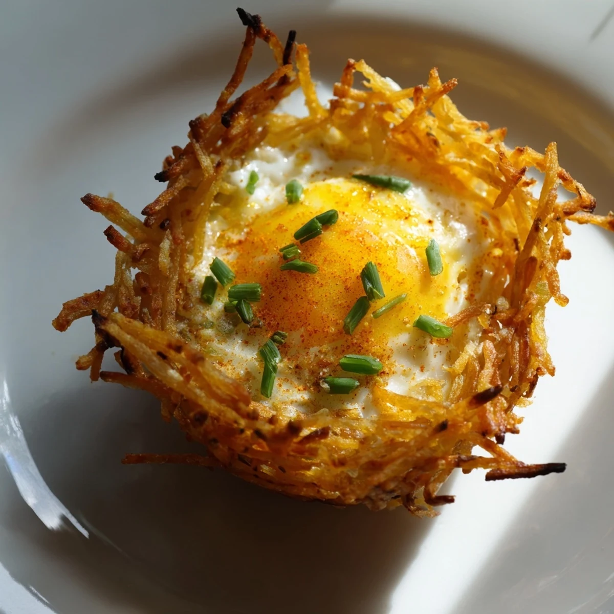 Homemade crispy hashbrown egg nests, served warm, perfect with a sprinkle of chives and hot sauce.