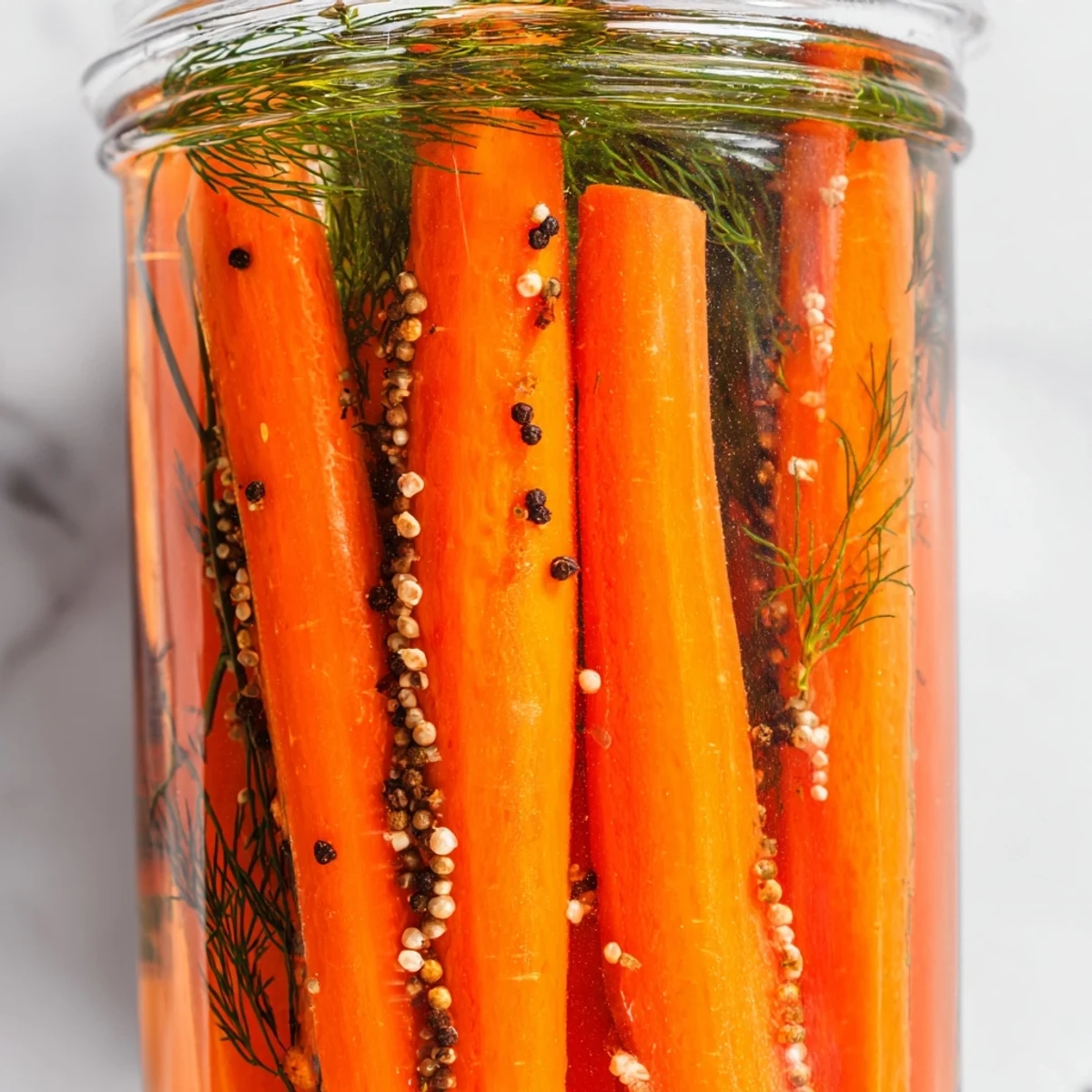 Quick pickled carrot spears glistens in a jar, showcasing the vibrant, tangy, refrigerator pickles.