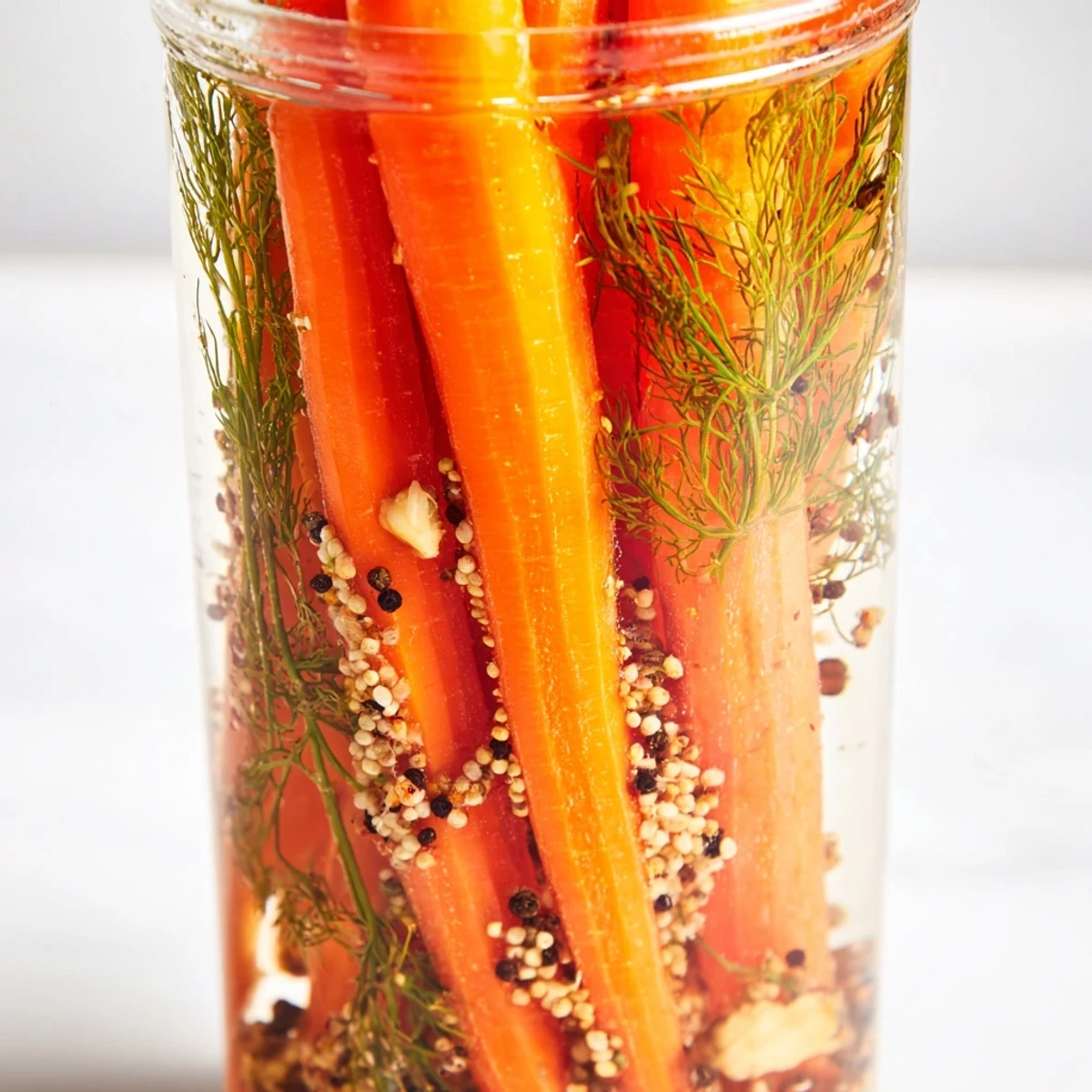 Close-up of quick pickled carrot spears, a colorful snack, served with their tangy brine for a snack.