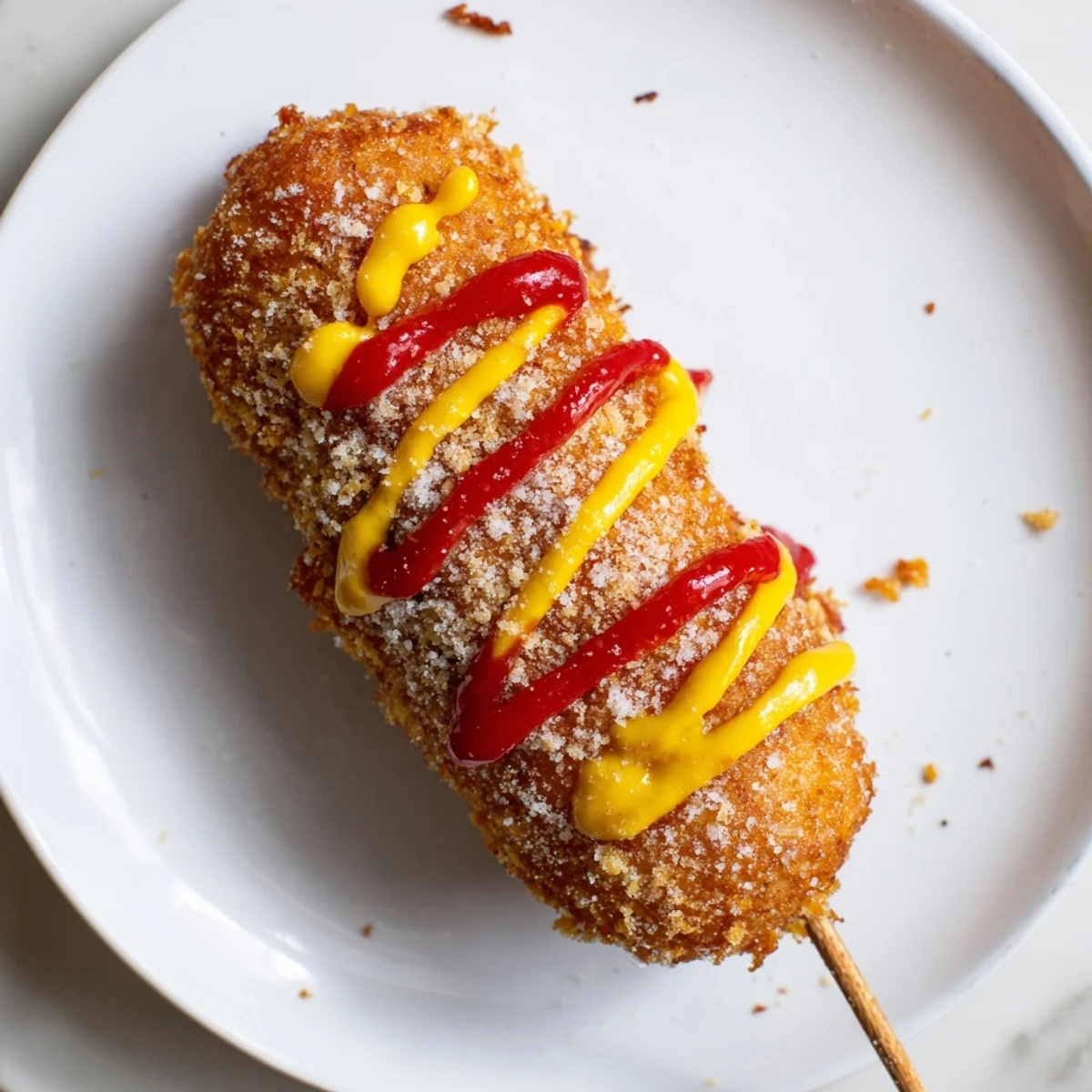 A close-up of a stack of Korean-inspired corn dogs with ketchup and mustard, ready to eat now.