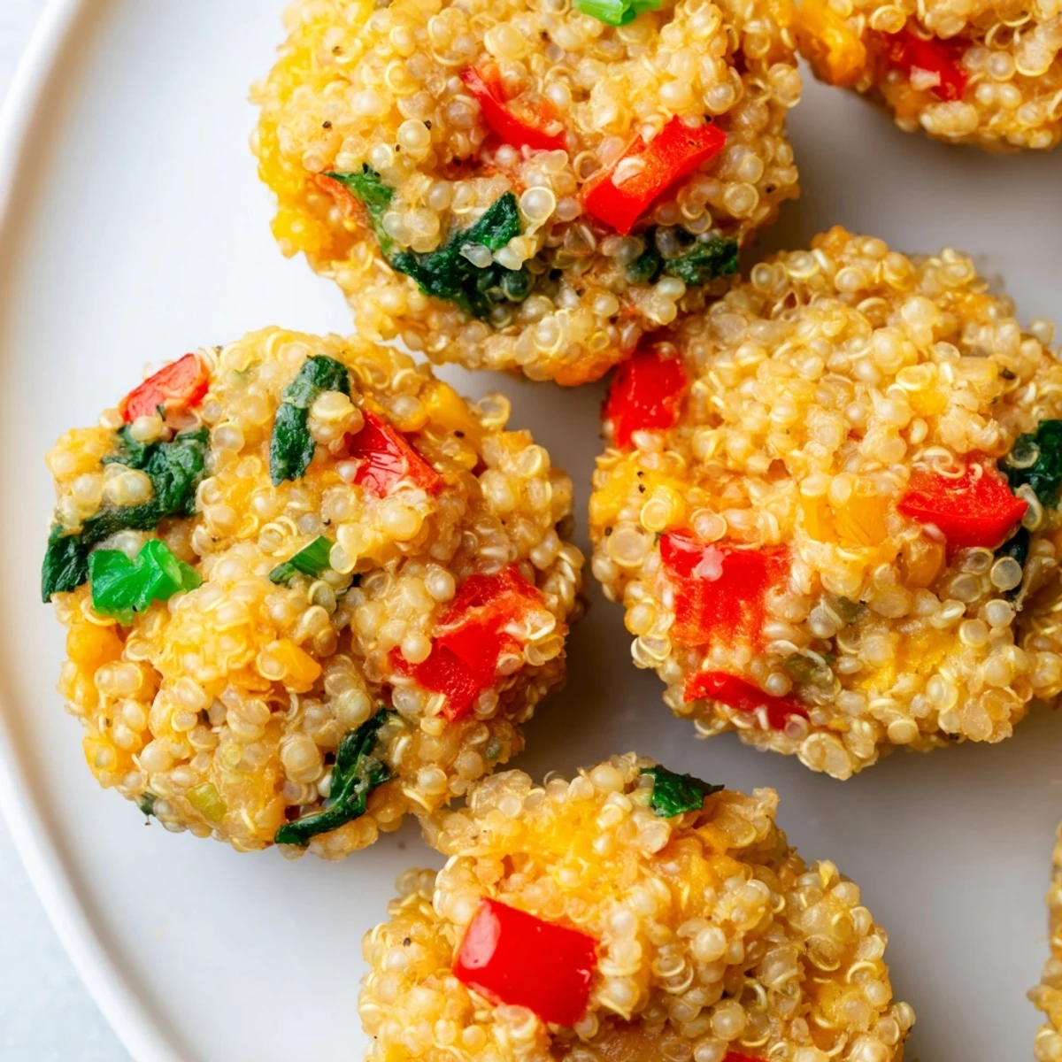 Golden baked cheddar quinoa bites, studded with veggies, ready to enjoy as a flavorful snack or appetizer.
