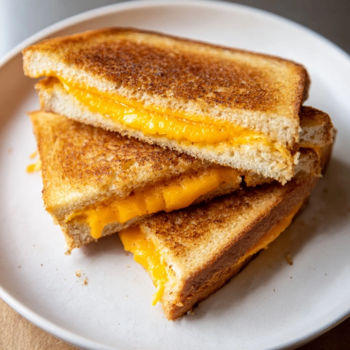 A close-up view of a perfectly browned Mayo Grilled Cheese sandwich, served with tomato soup.
