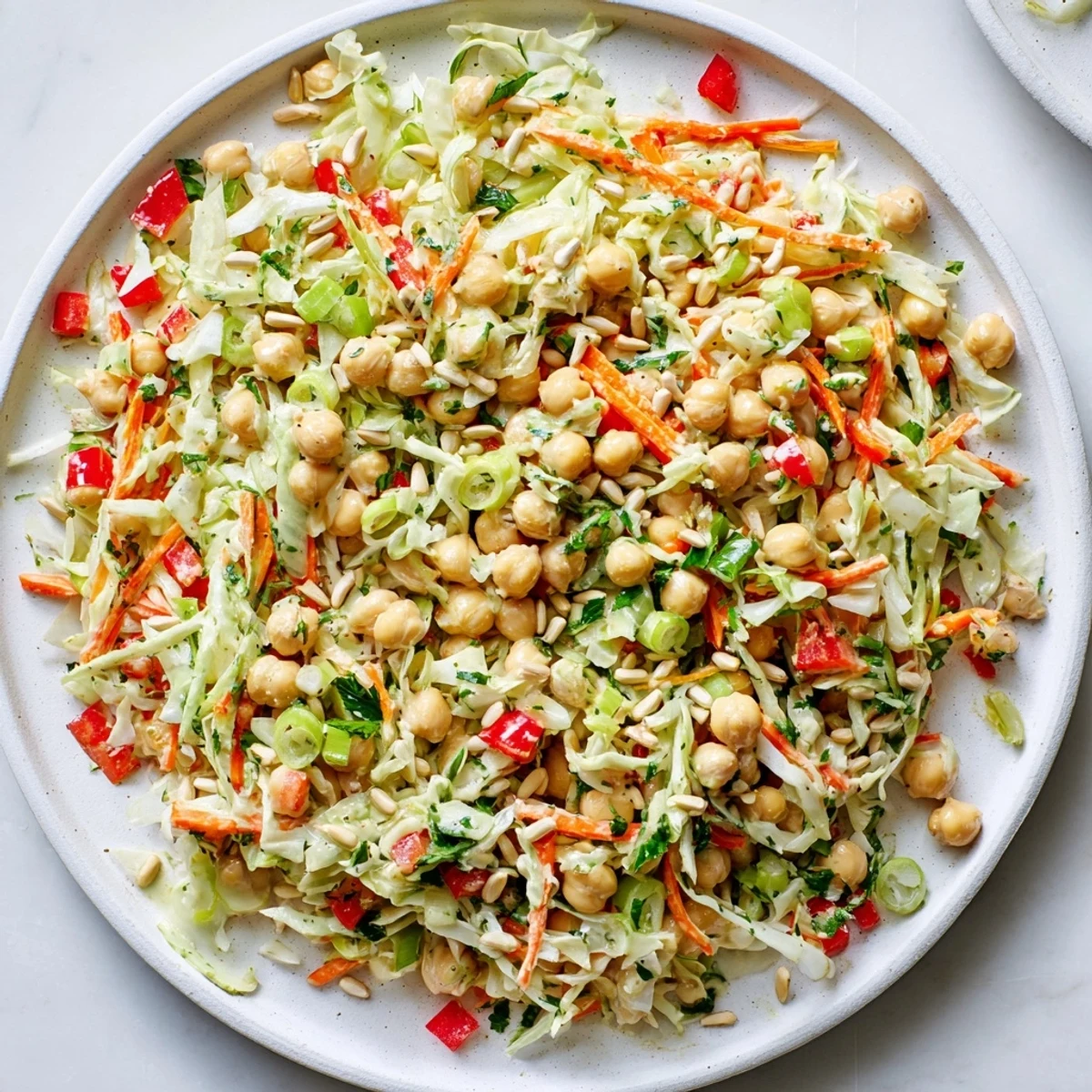 A colorful bowl of Fiber-Forward Chickpea Salad, ready to eat, with creamy tahini dressing.