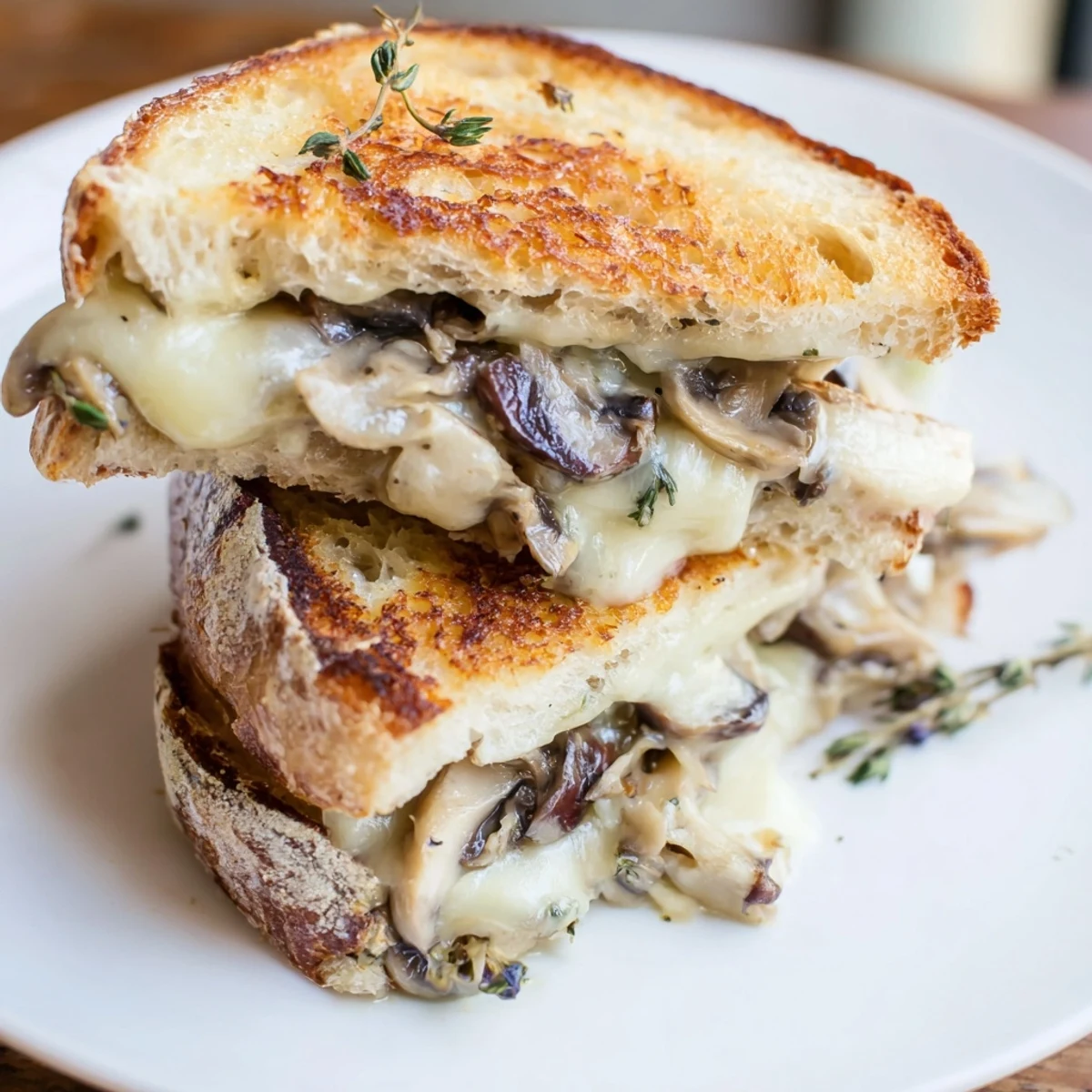 Perfectly golden Creamy Mushroom Grilled Cheese sandwich, cheese oozing out, sliced and ready to eat.