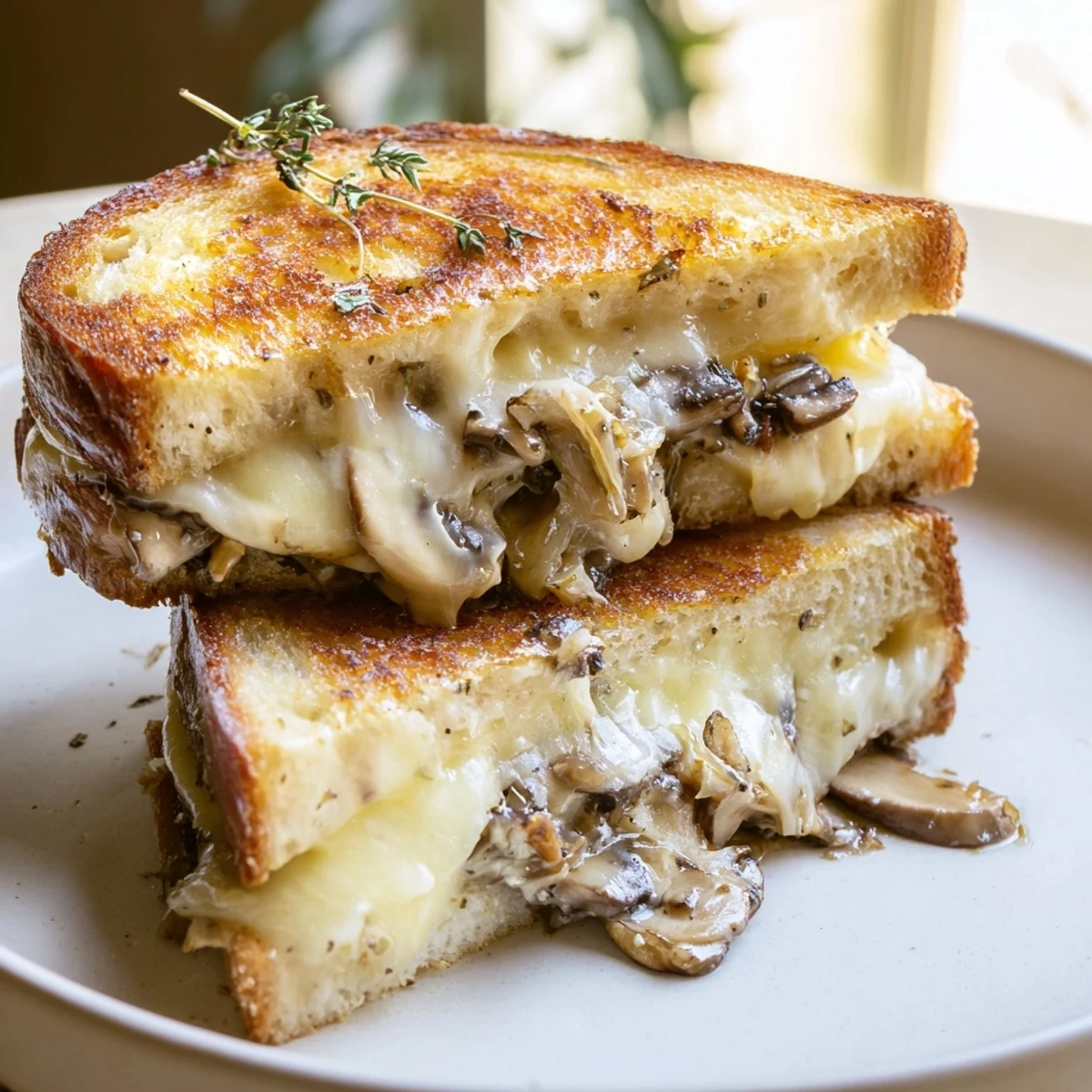 Close-up of a warm, melty Creamy Mushroom Grilled Cheese on a plate, beside a tomato soup.