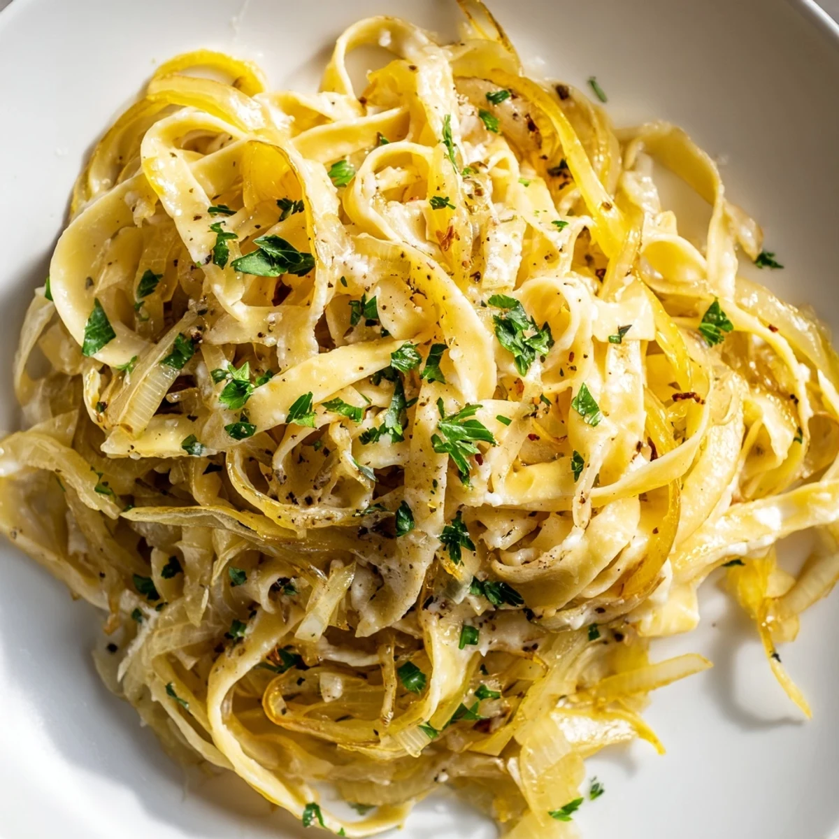 Creamy, cheesy One-Pot French Onion Pasta with perfectly cooked pasta noodles after simmering.