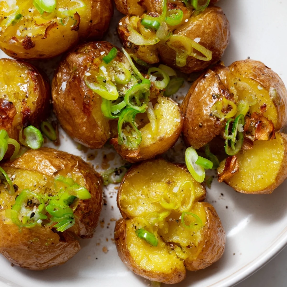 Golden, crispy Smashed Green Onion Potato Bombs, a vegetarian side boasting a delightful crunch and fresh green onion flavor.