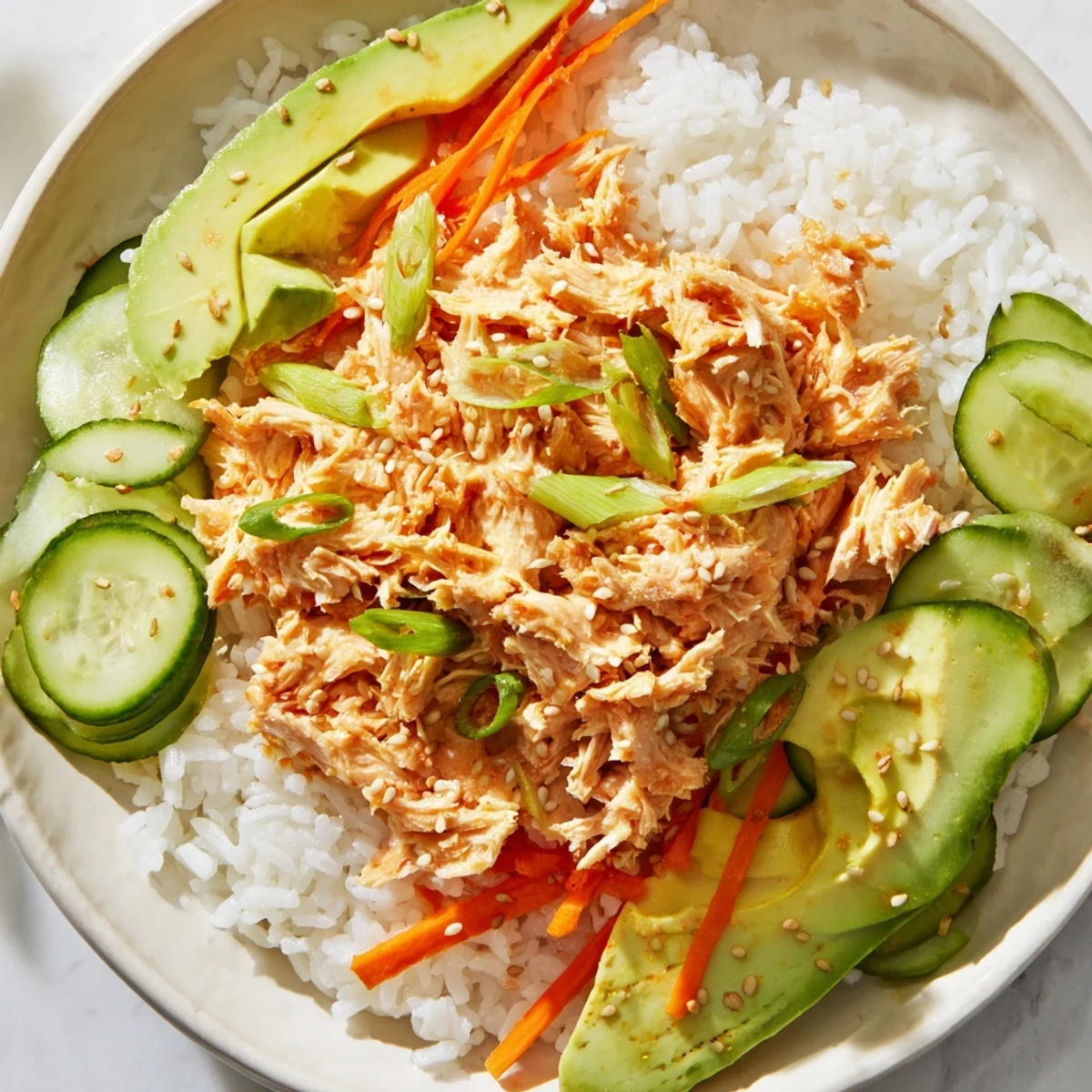 Steaming Spicy Canned Salmon Rice Bowl with colorful veggies, ready for a quick and flavorful dinner.