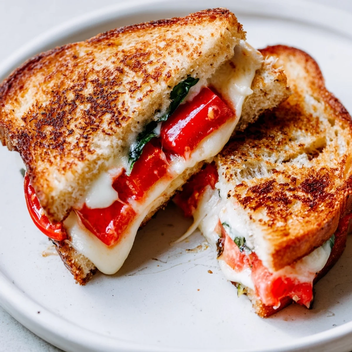 Warm, gooey Tomato Basil Grilled Cheese, showcasing fresh basil between crispy, buttery bread, served cut in half.