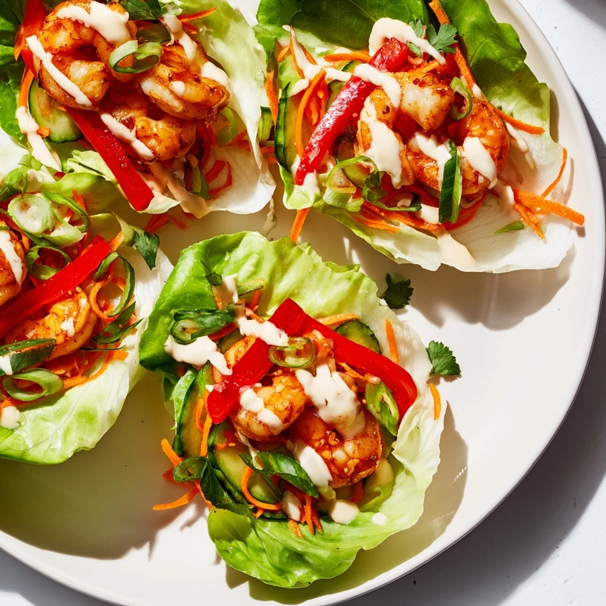 Vibrant shrimp lettuce cups filled with spicy shrimp, crunchy veggies, and creamy sauce, perfect for a quick lunch.