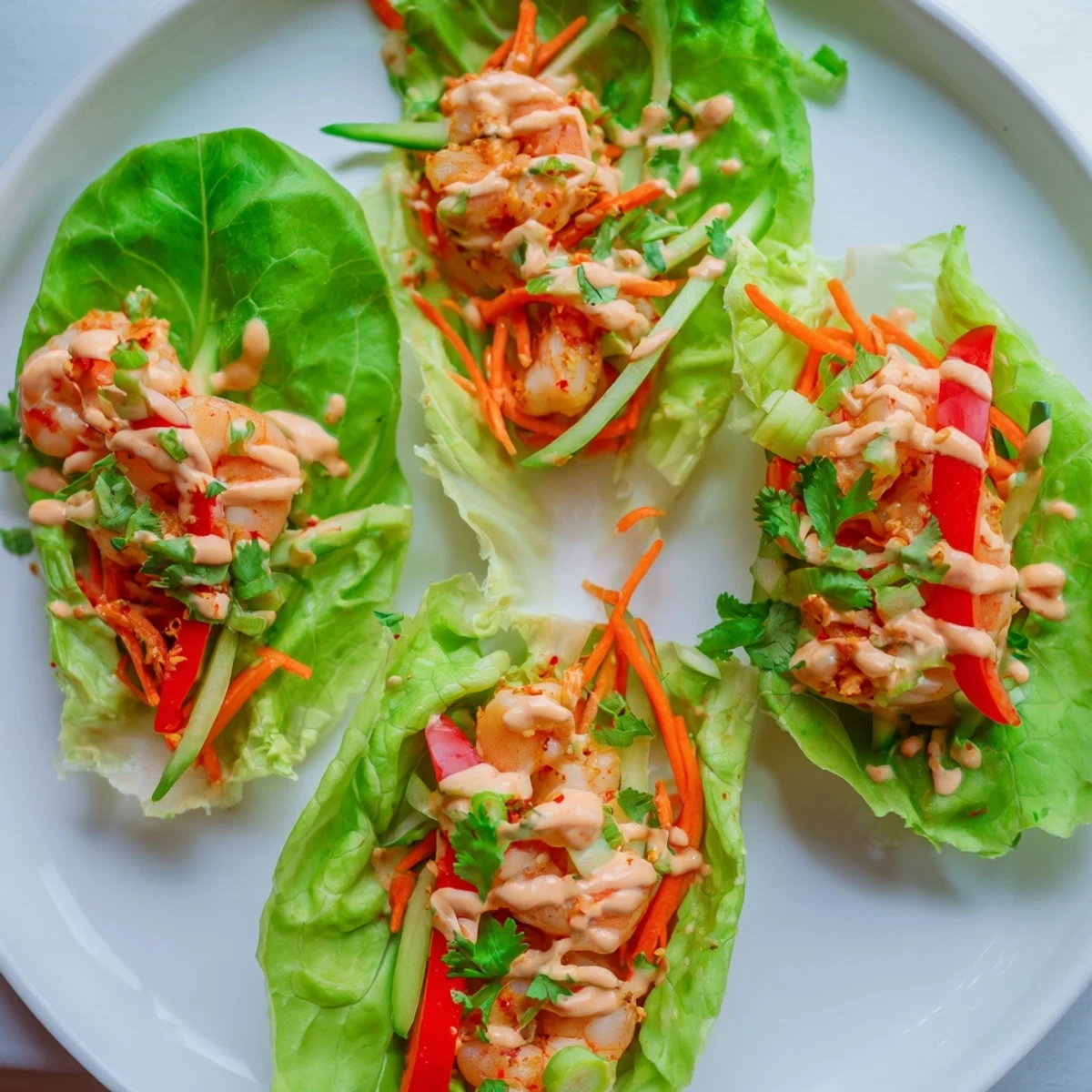 A close-up of delicious shrimp lettuce cups: imagine tender shrimp, crunchy veggies, and a tangy sauce.
