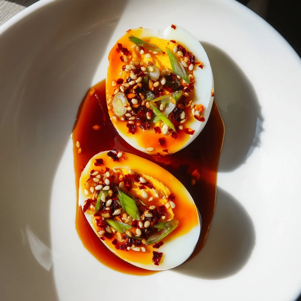 Steaming, jammy Chili Oil Eggs drizzled with vibrant chili oil, ready for a flavorful bite.