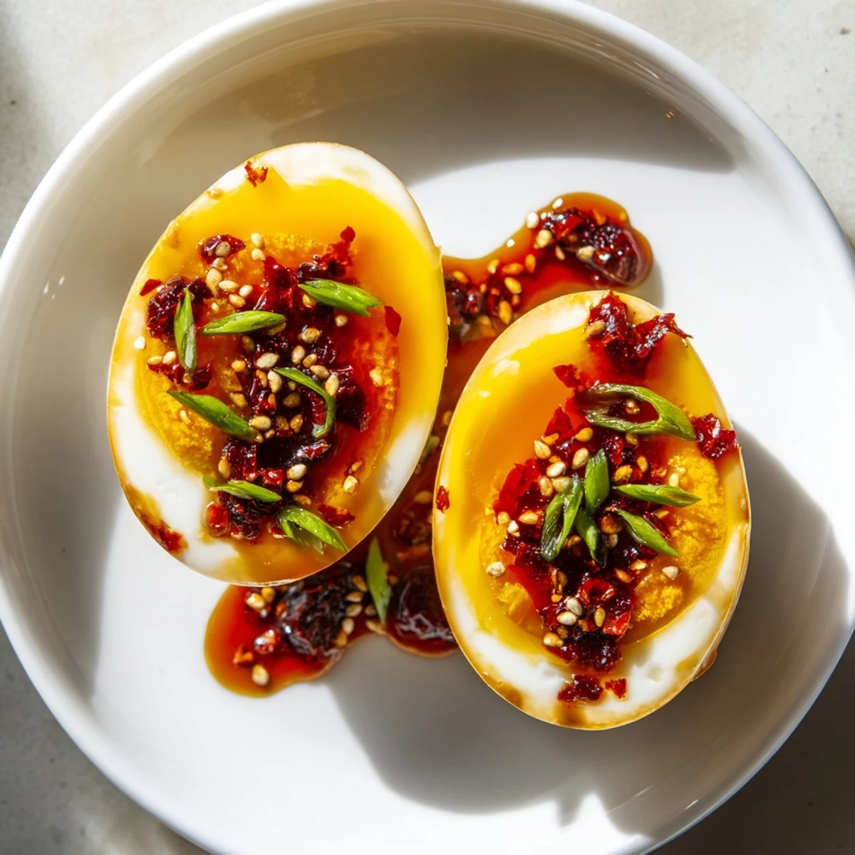 Brightly plated Chili Oil Eggs showcasing glistening yolks and a generous swirl of spicy chili sauce.
