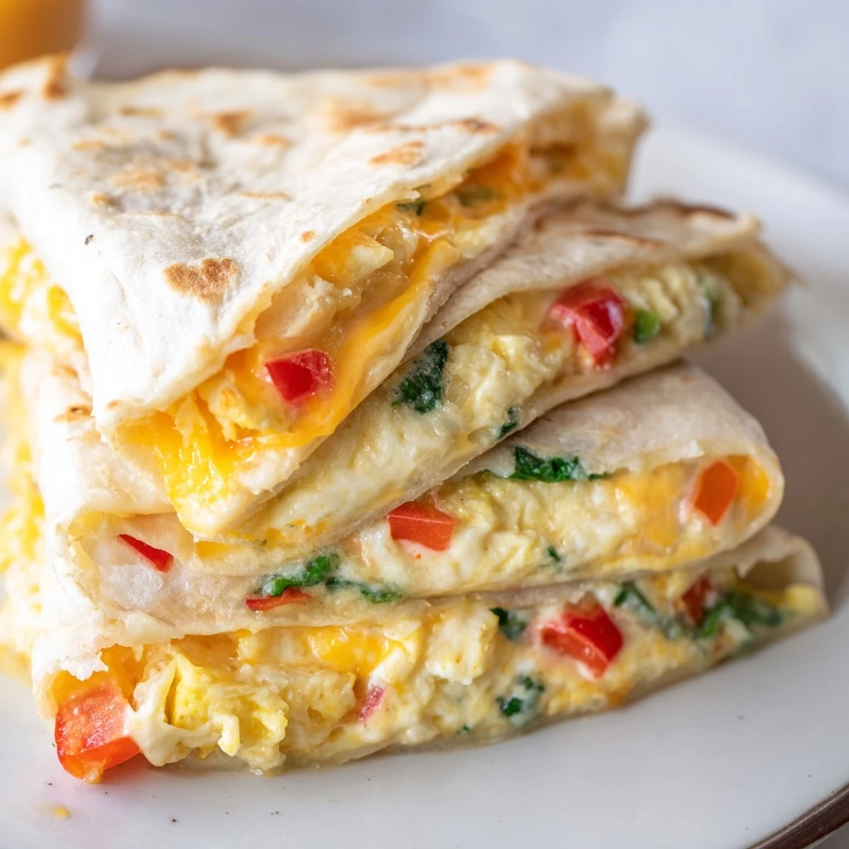 A close-up of a crispy, folded Breakfast Quesadilla featuring melted cheese and scrambled eggs.