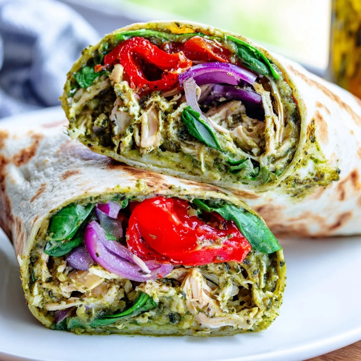 Savory pesto chicken wrap filled with mozzarella, and fresh veggies is ready to eat.