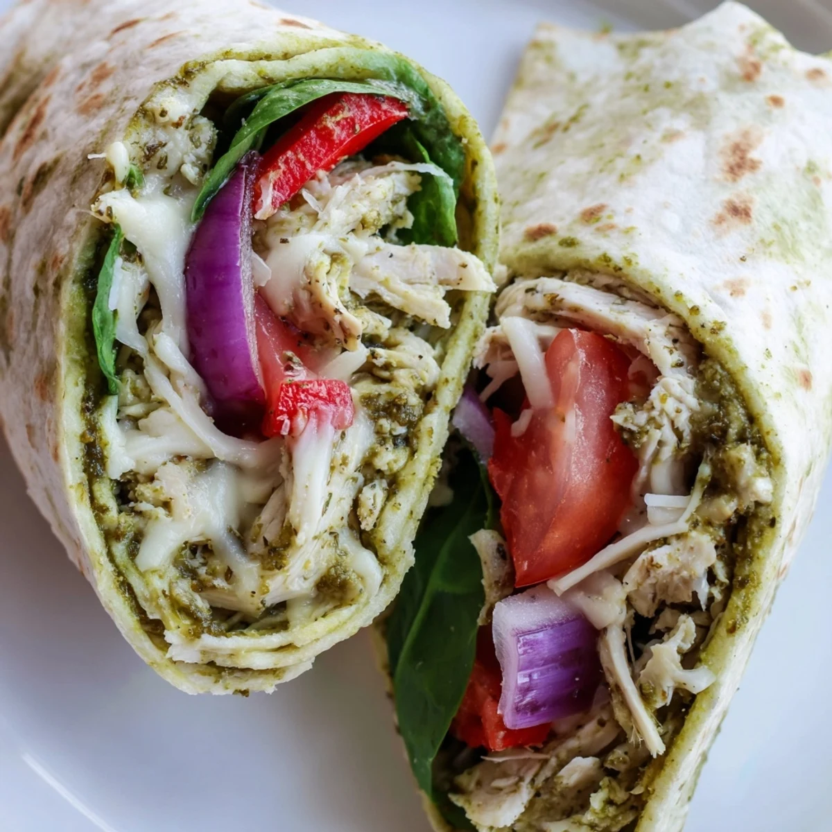 Enjoy a quick and easy lunch: A fully-loaded pesto chicken wrap, fresh and ready to serve.