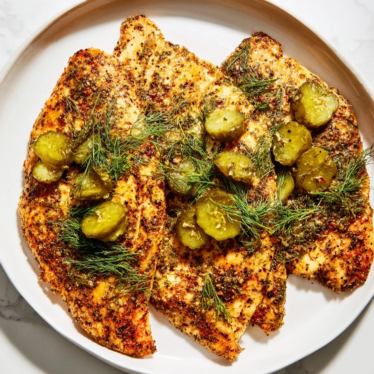 Golden-brown Pickle Ranch Chicken, moist and flavorful, ready to serve with crispy edges.