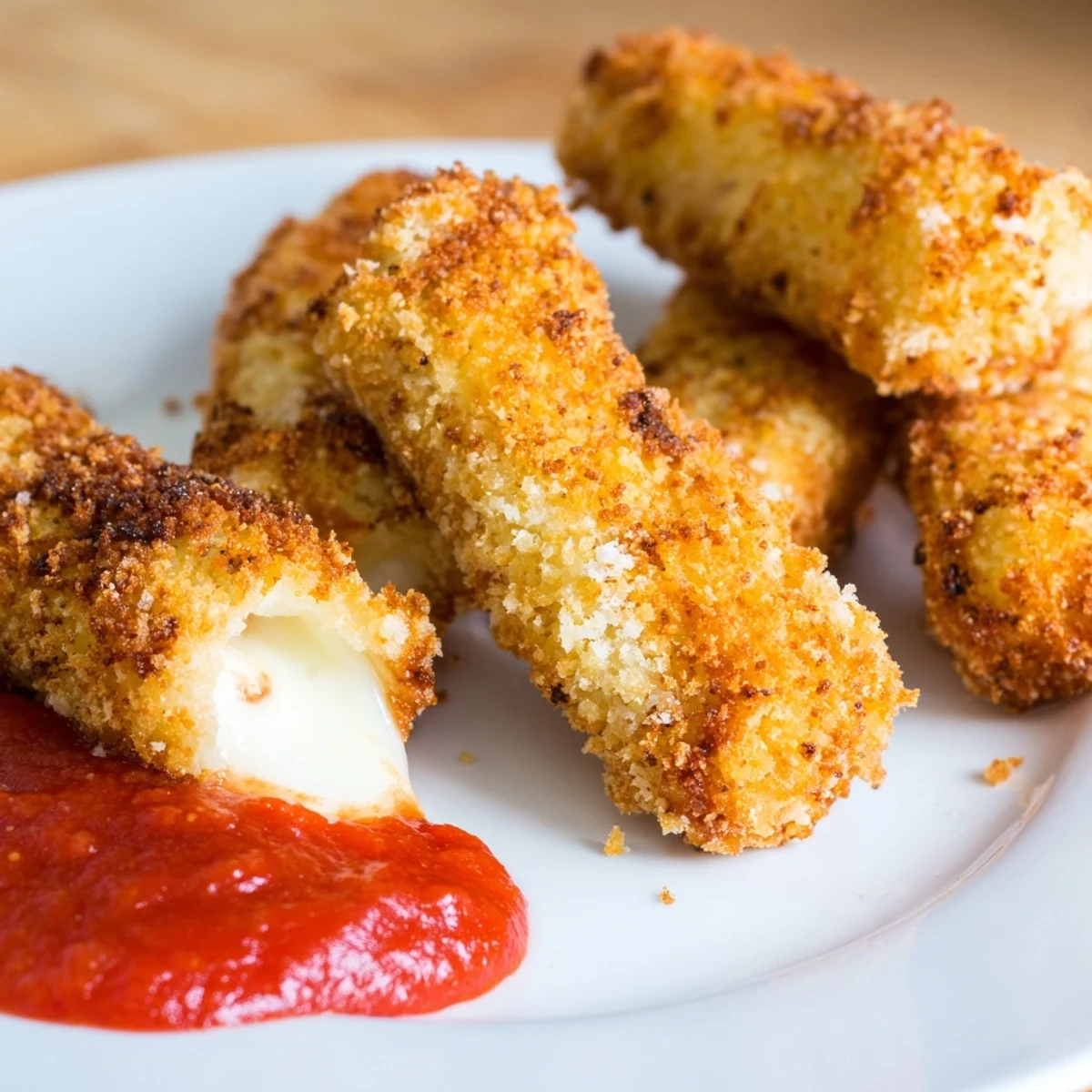 Golden brown and crispy Air Fryer Mozzarella Sticks, perfect served with warm marinara for dipping.