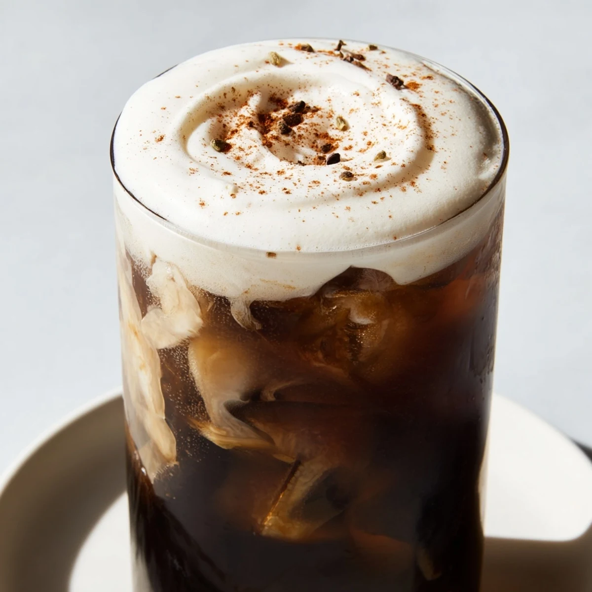 Homemade iced chai, a spiced tea beverage, topped with rich, creamy cold foam.