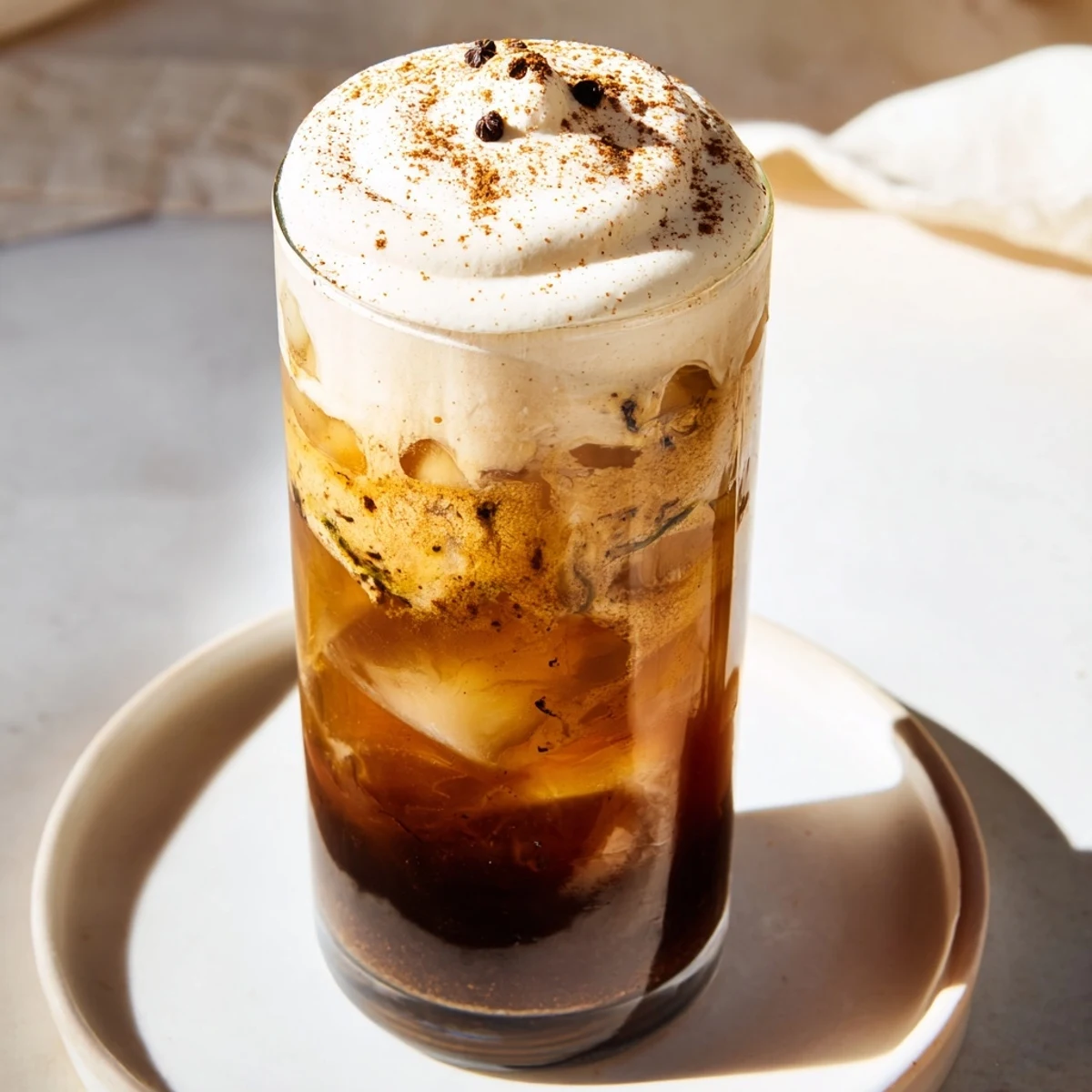 A tall glass of homemade iced chai, featuring a swirl of velvety white cold foam and cinnamon.