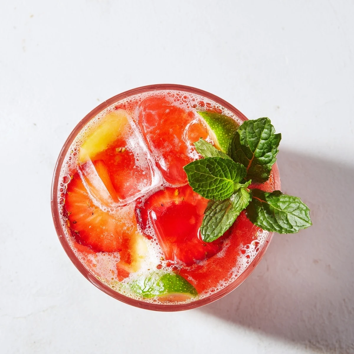 A close-up shot of a refreshing fruit refresher drink recipe with berry and pineapple purees glistening.