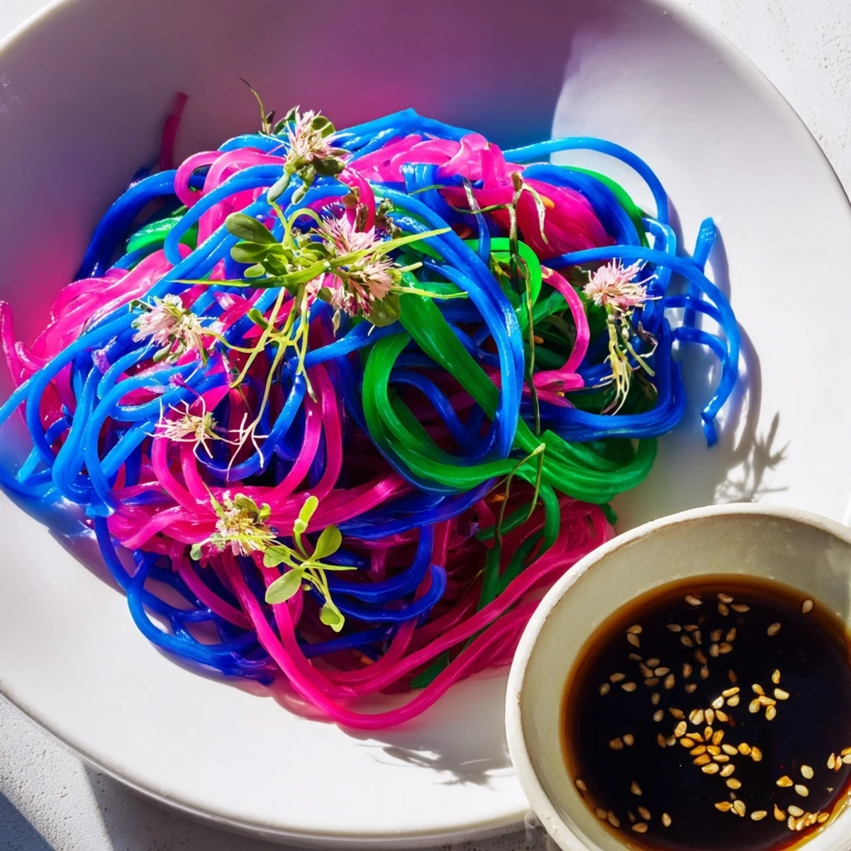 Vibrant neon noodle clouds served chilled, a playful appetizer with a savory dipping sauce.