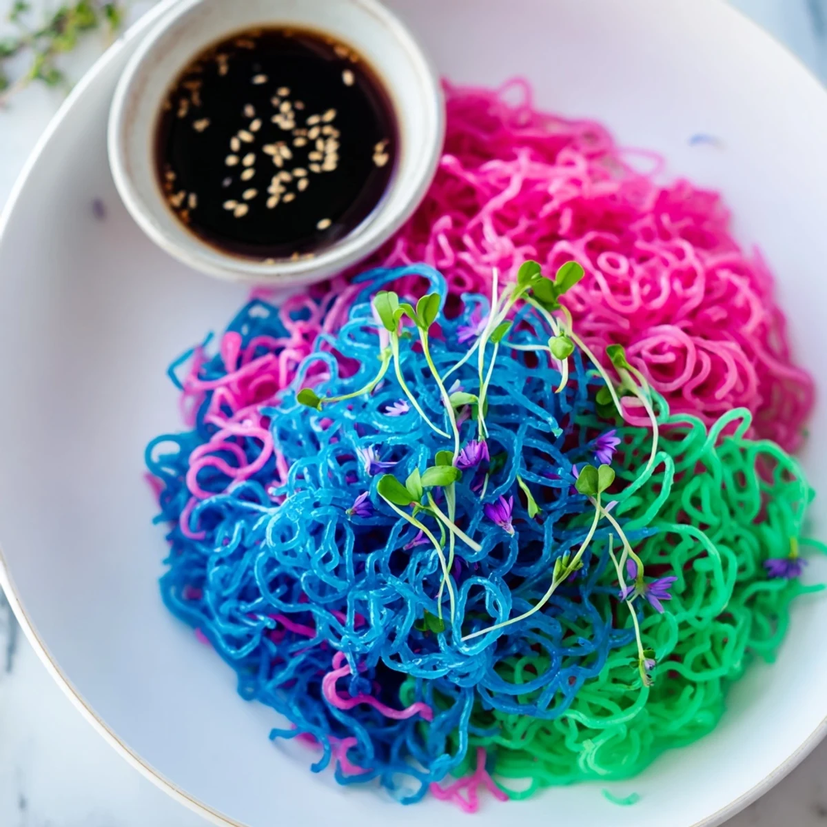 Close-up of colorful neon noodle clouds, ready to dip into flavorful soy-based sauce.