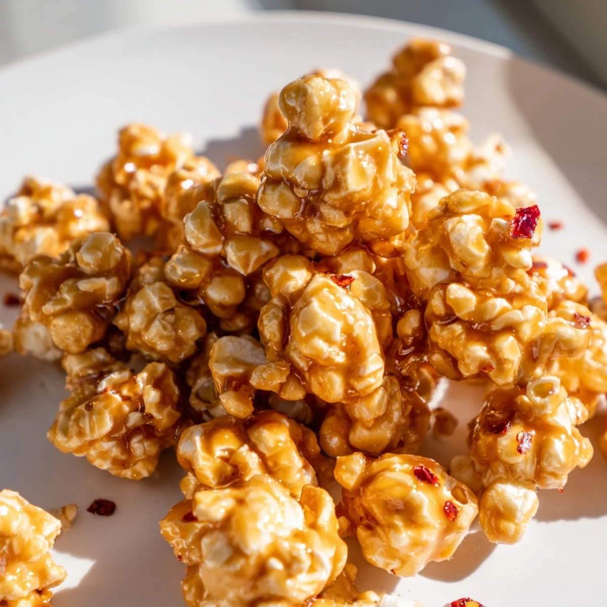 Freshly coated hot honey butter popcorn glistens, offering a delicious balance of sweet, spicy flavors.