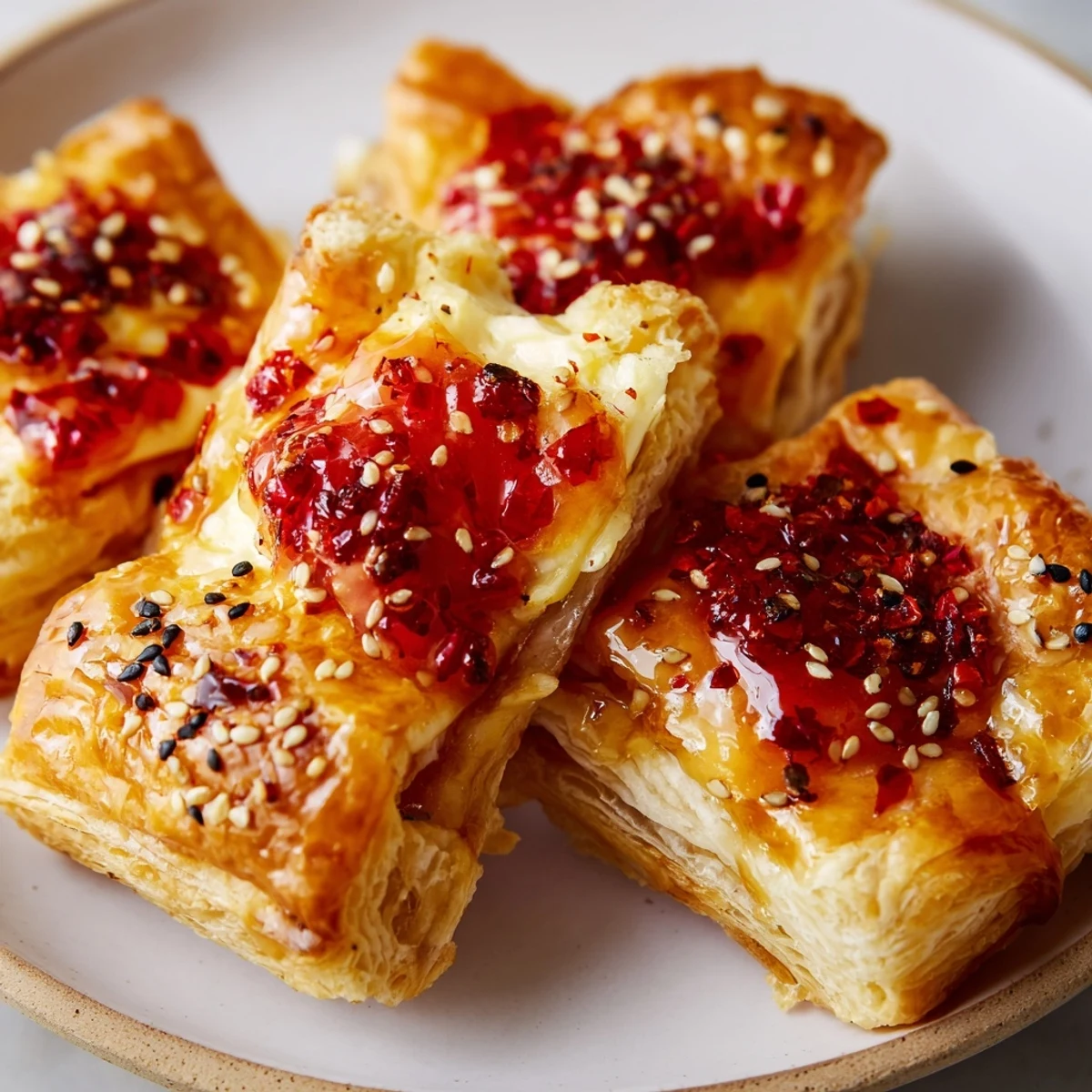 Golden-brown Chili Crisp Honey Brie Bites, showcasing the perfect combination of sweet, spicy, and savory flavors.