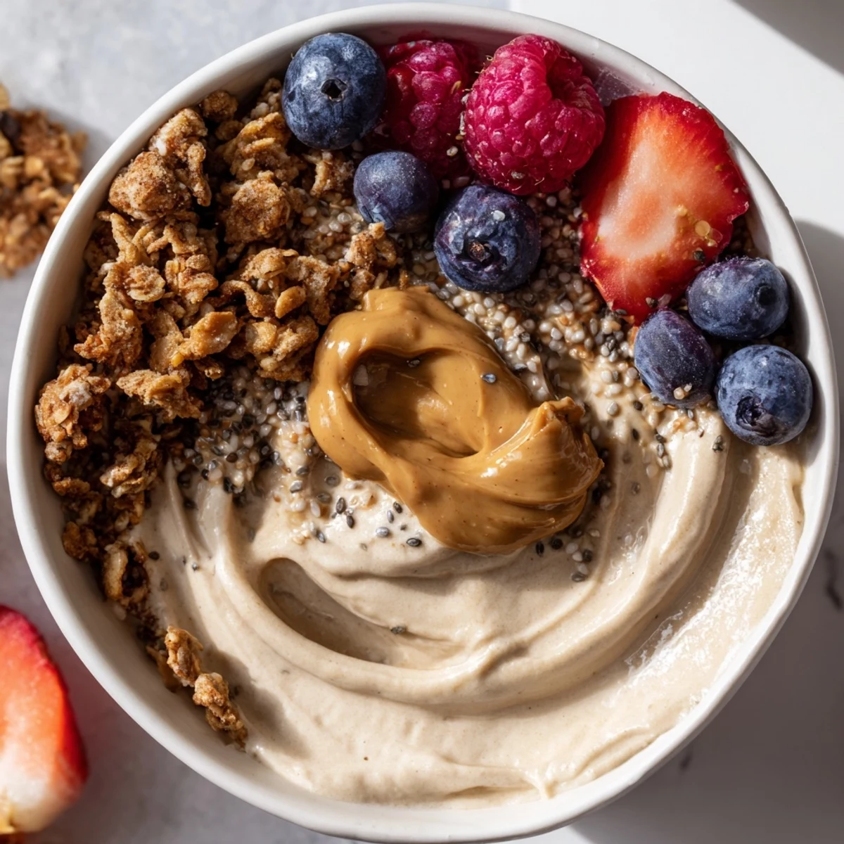 A refreshing protein ice cream bowl with mixed berries and a swirl of nut butter.