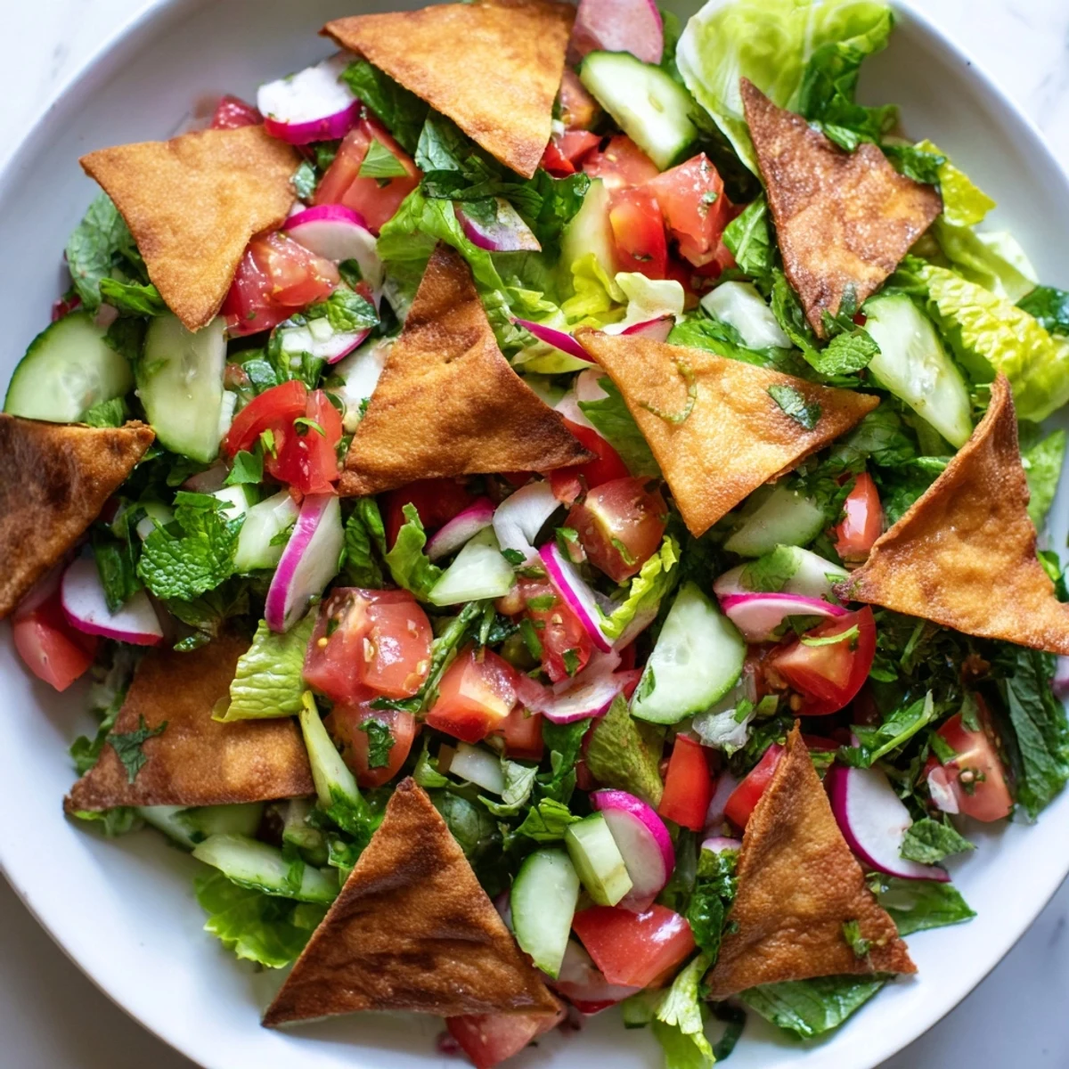 A bowl of refreshing Lebanese fattoush salad, brimming with fresh vegetables and flavorful dressing.