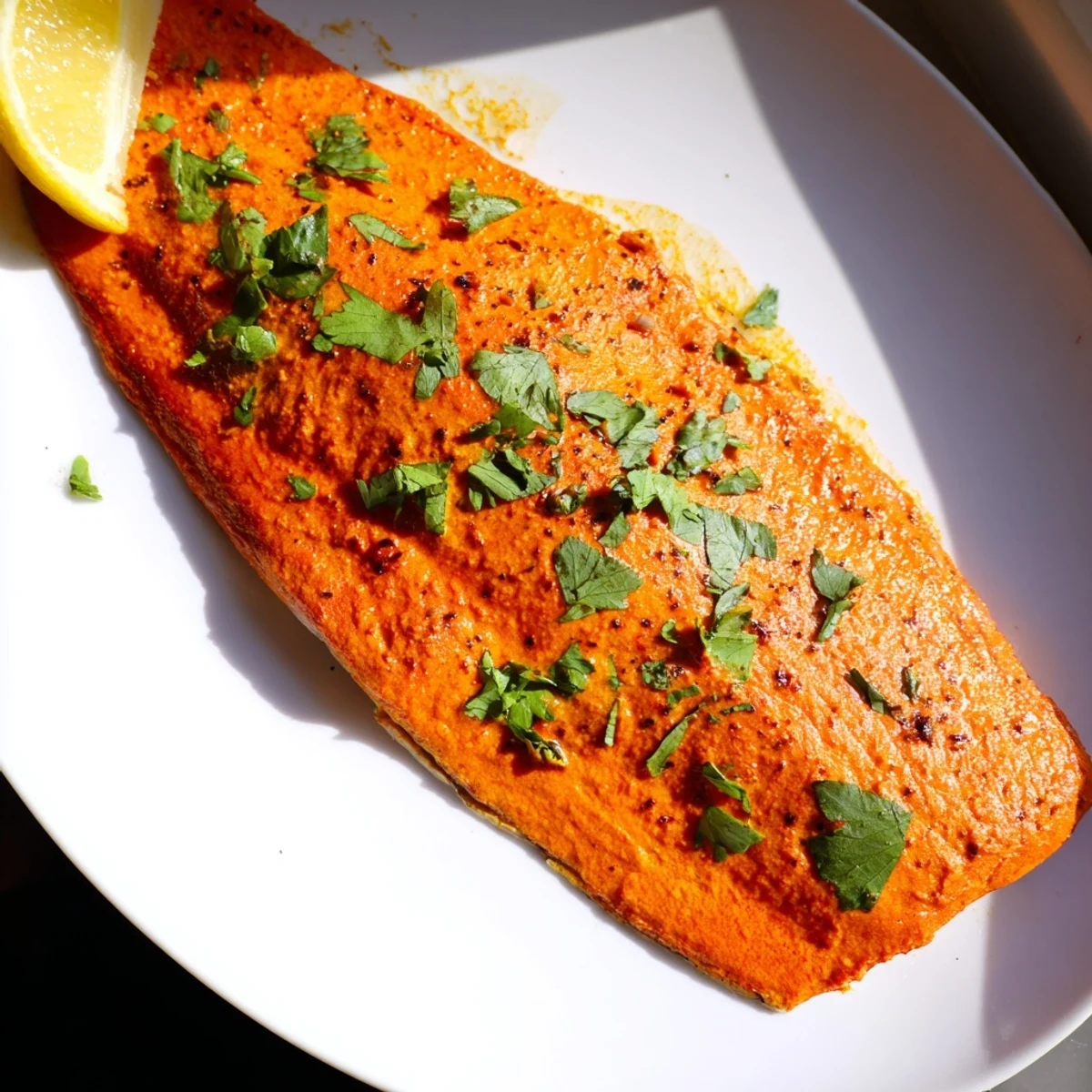 Golden, flaky Indian Tikka Salmon served with fresh cilantro and a bright lemon wedge.