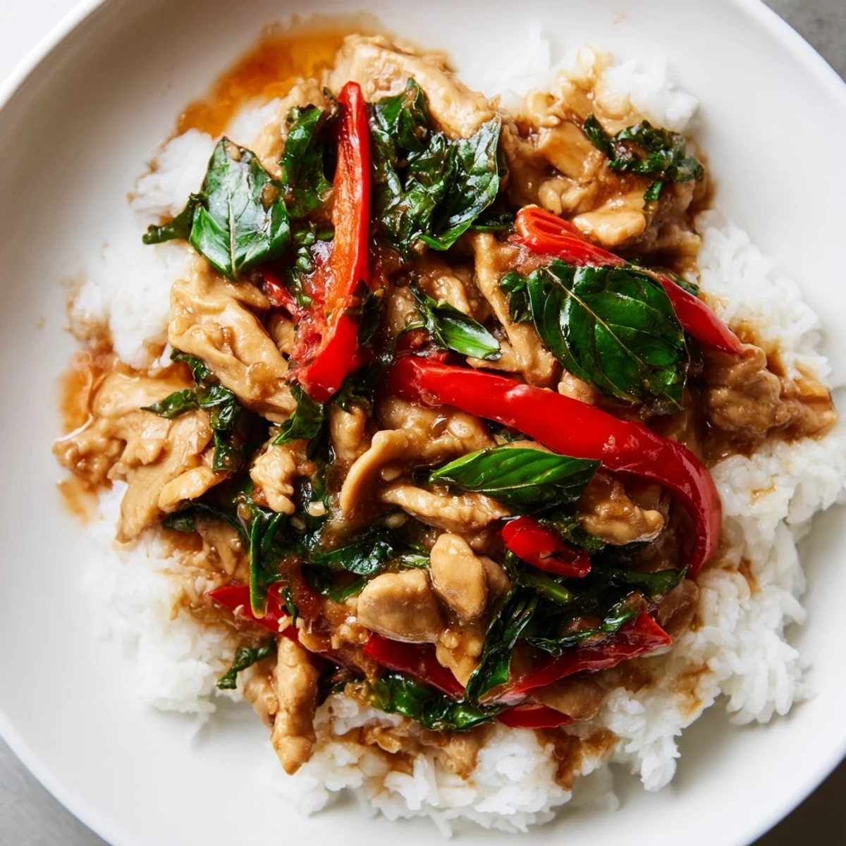 Steaming Thai Basil Chicken Bowls, a delicious blend of basil-infused chicken and fluffy rice.