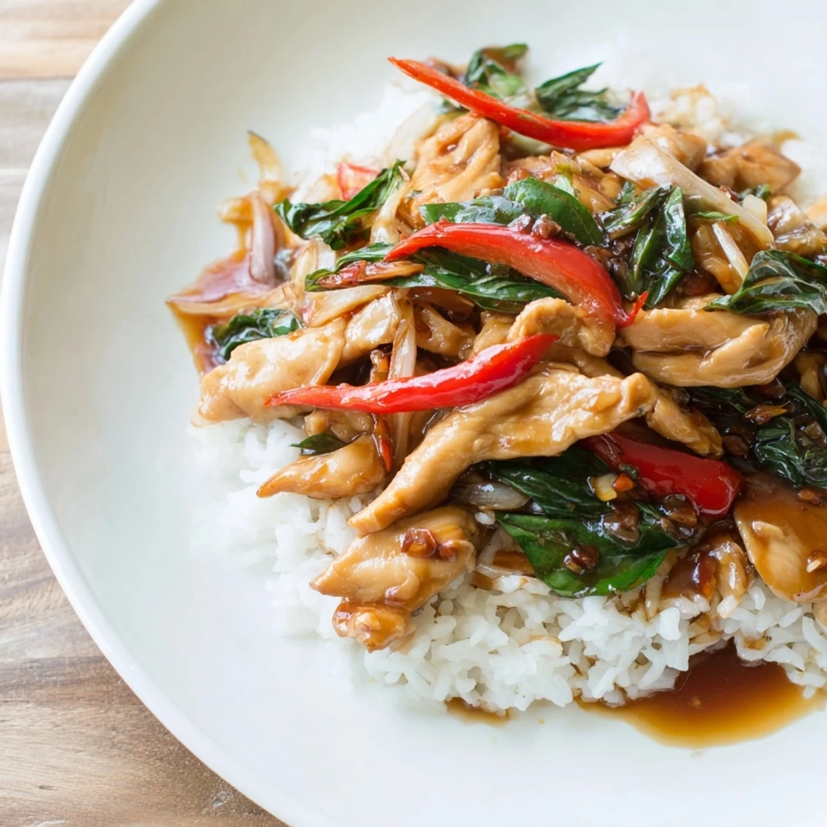 Freshly prepared, colorful Thai Basil Chicken Bowls arranged, inviting aromas from the kitchen.