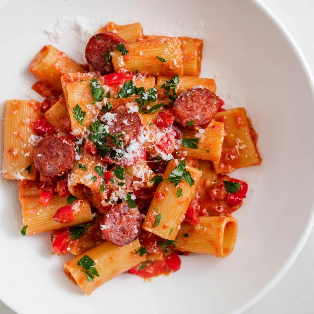 Tempting close-up of Spanish Chorizo Pasta, with visible penne, herbs, and savory, rich sauce.