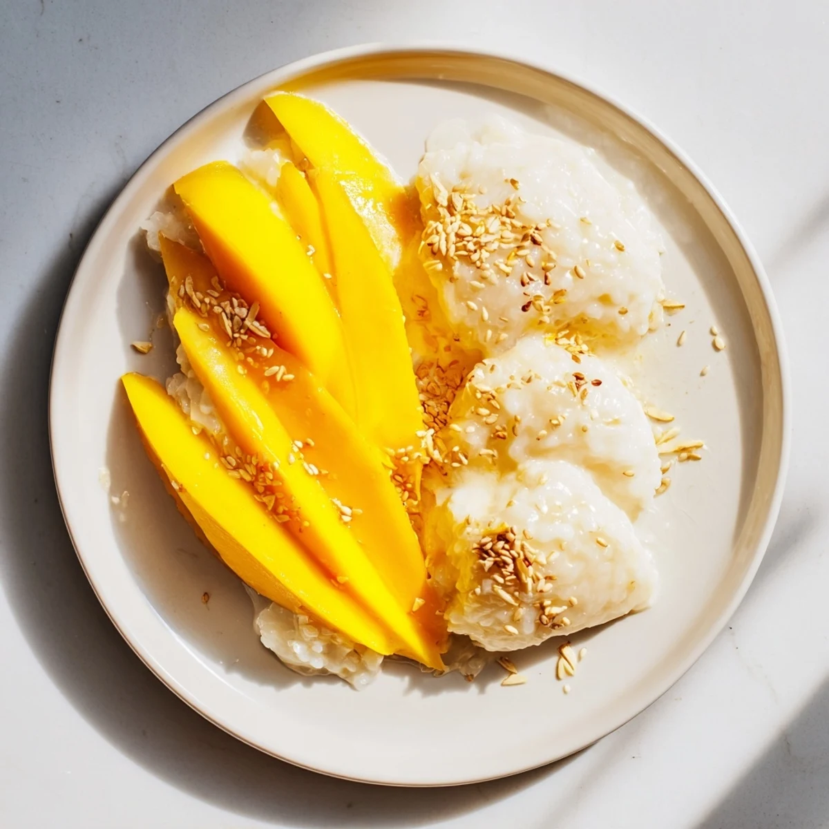 Golden slices of ripe mango arranged alongside creamy Thai mango sticky rice, a delicious treat.