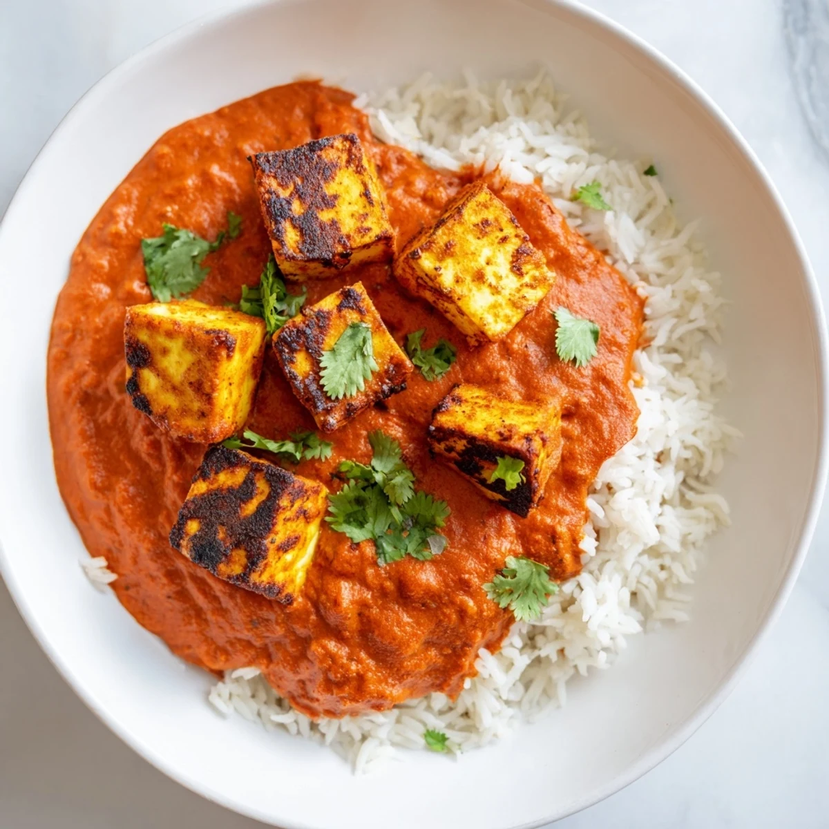 Aromatic paneer tikka masala served with fluffy basmati rice, ready for a delicious Indian meal.