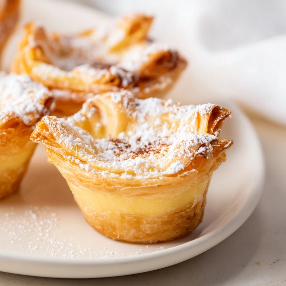 Luscious Portuguese egg tarts with golden, bubbly custard and a dusting of sweet cinnamon.