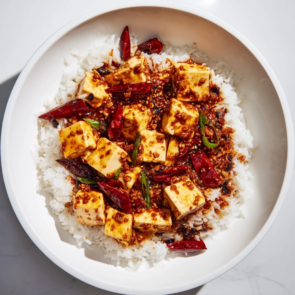 Steaming bowl of Chinese Mapo Tofu, its silky tofu glistening in a fiery, rich sauce, served with perfect rice.