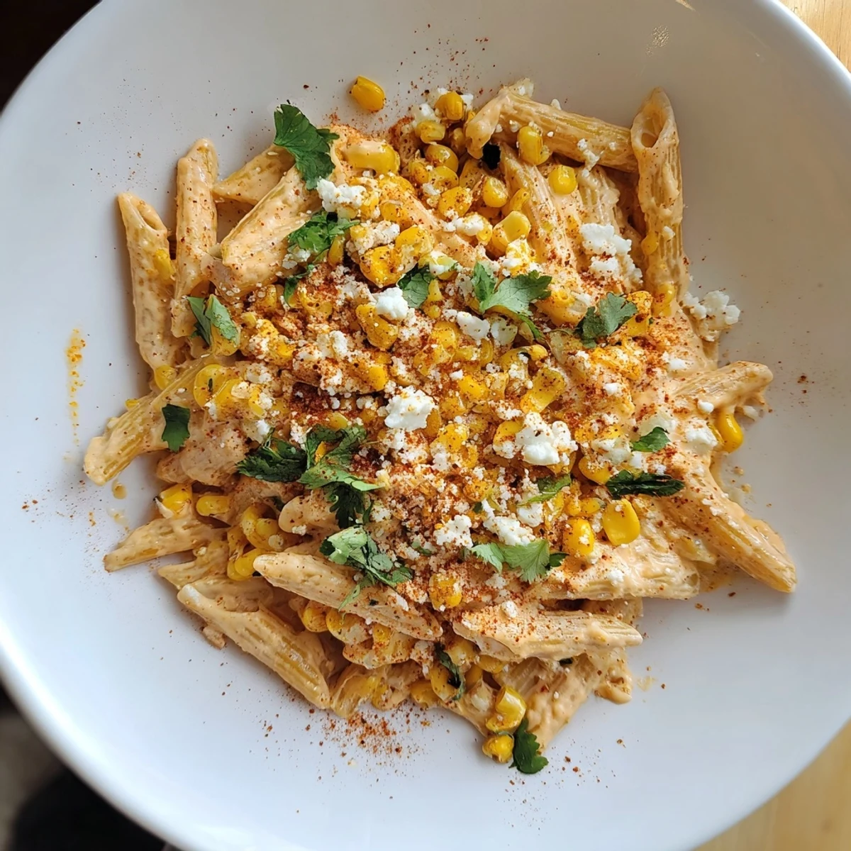 Vibrant photo of Mexican street corn pasta, ready to serve with fresh cilantro and lime wedges.