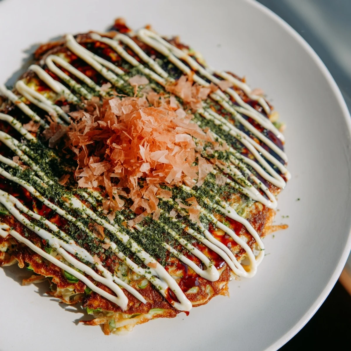 Golden-brown Japanese okonomiyaki pancakes, savory and packed with cabbage, served with toppings.