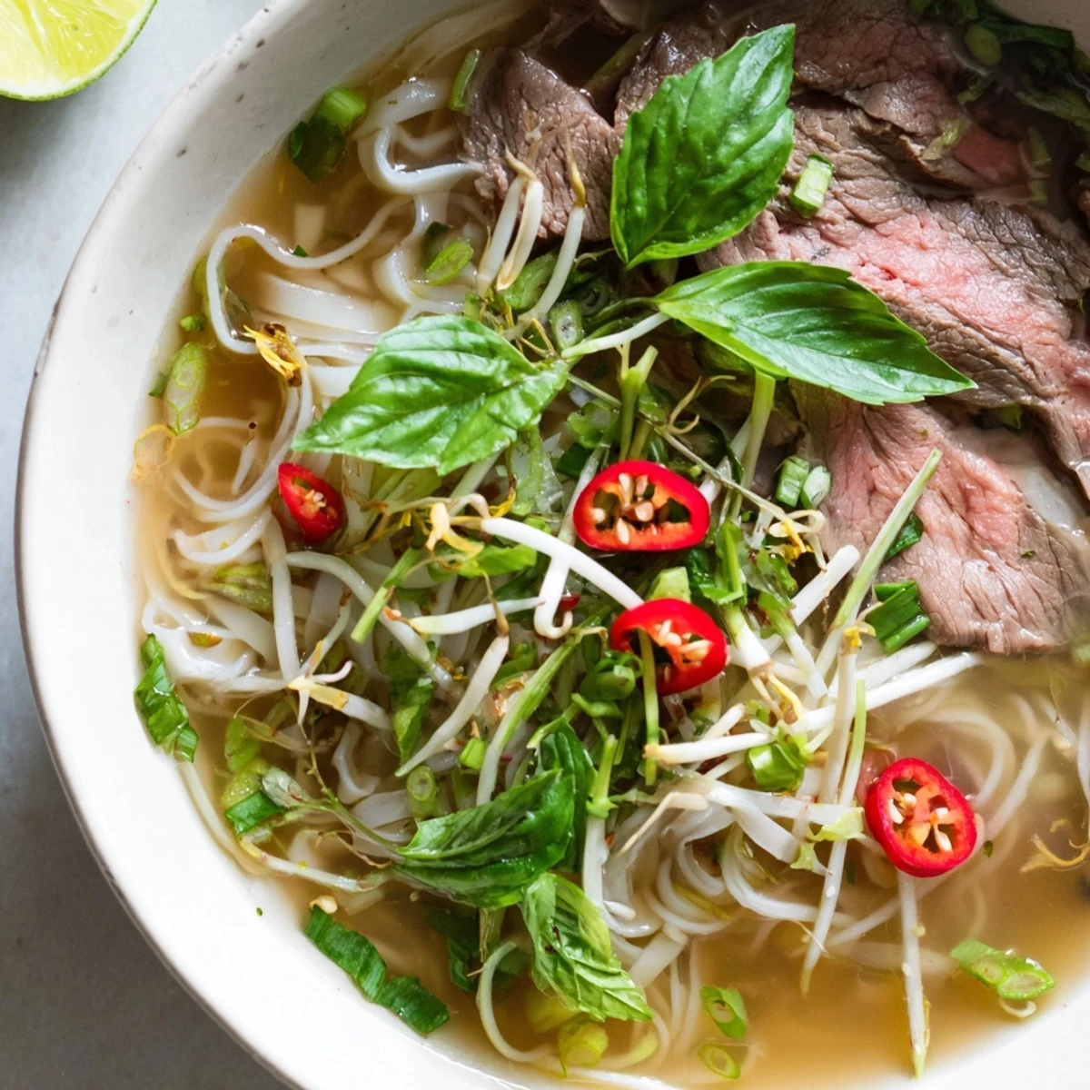 Flavorful Vietnamese Pho Express with rice noodles, sliced beef, and garnishes; ready to eat.