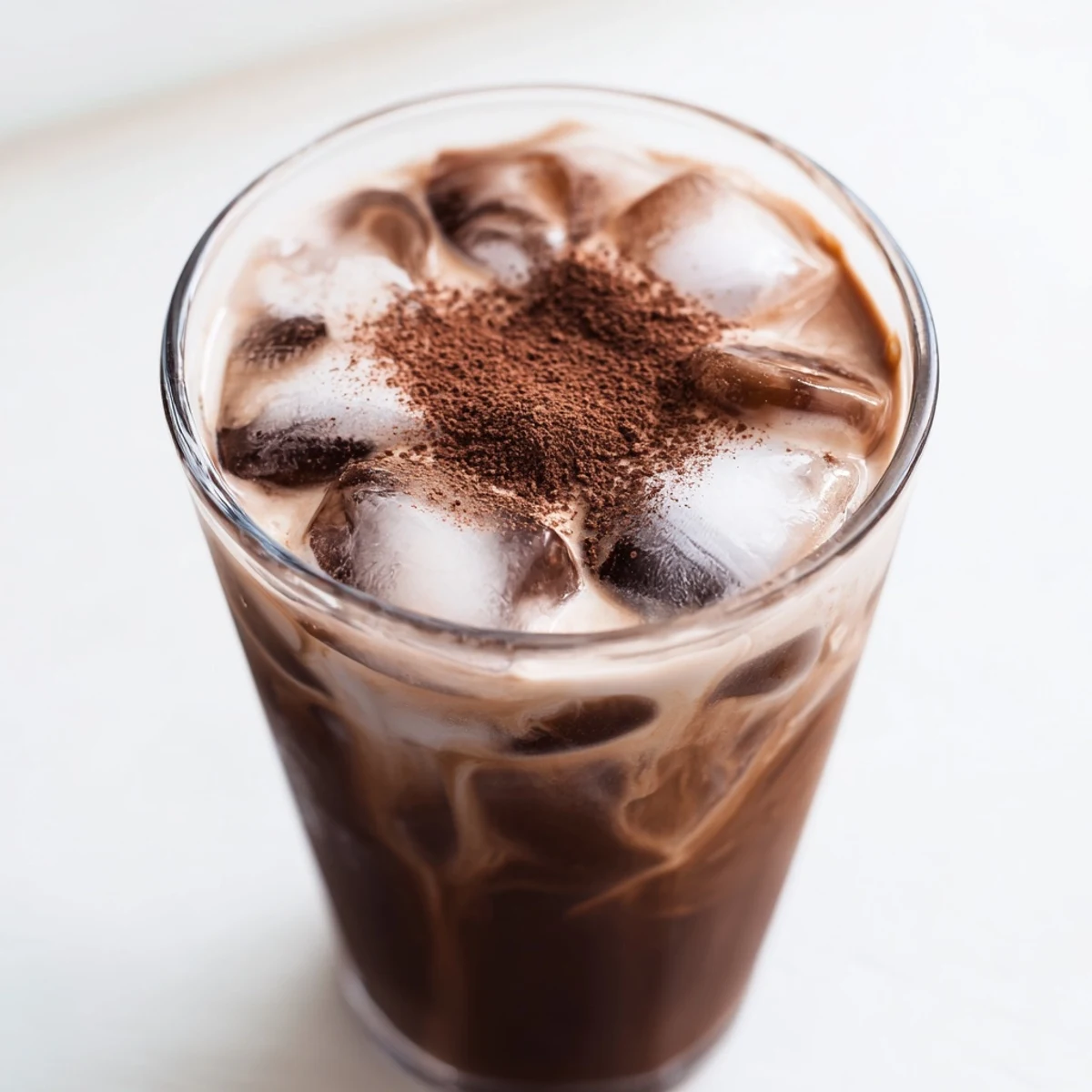 Close-up of a Milo ice latte, showcasing the rich chocolate color and creamy milk layers perfectly.