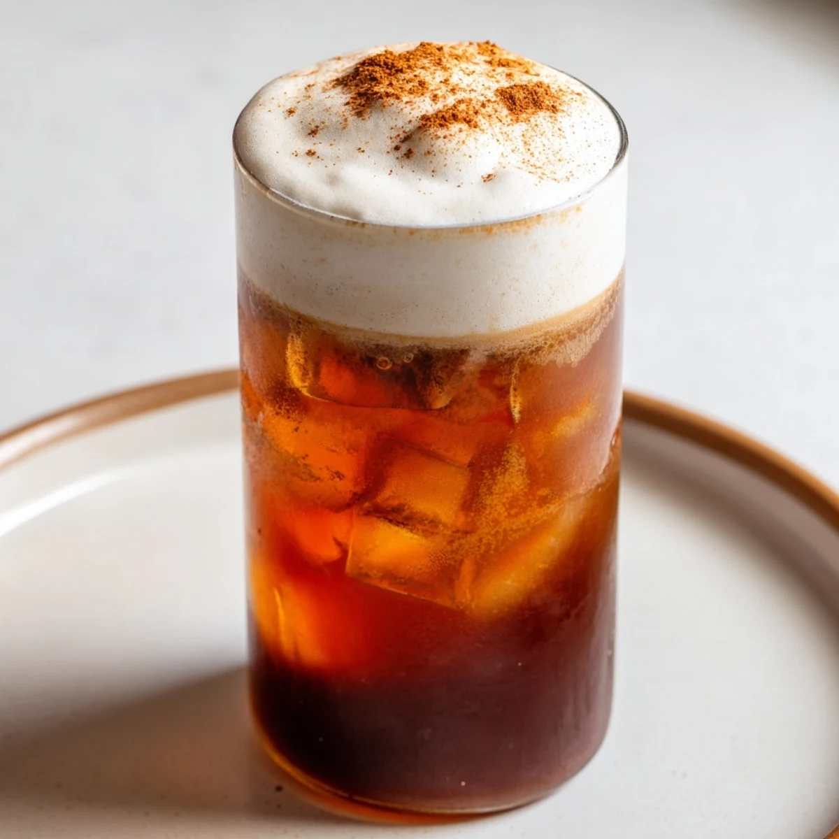 Iced Chai Tea with Cold Foam, a creamy delight, layered beautifully over spiced tea, ready to sip.