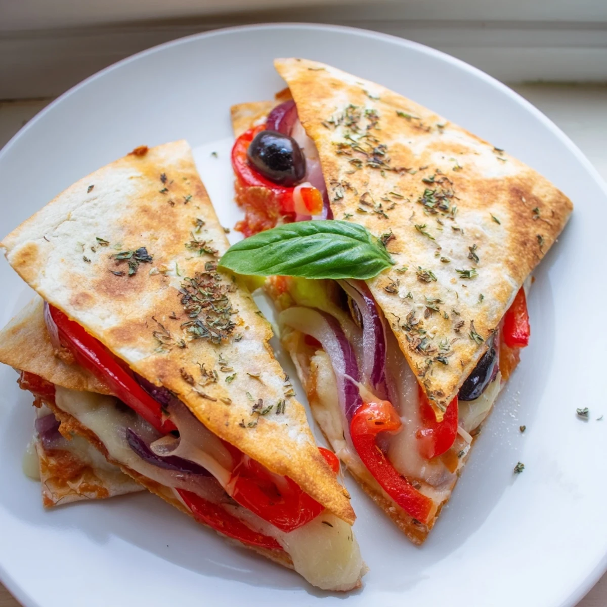 Crispy tortilla pizza wrap, golden brown and bubbly, with melty cheese and vibrant toppings.