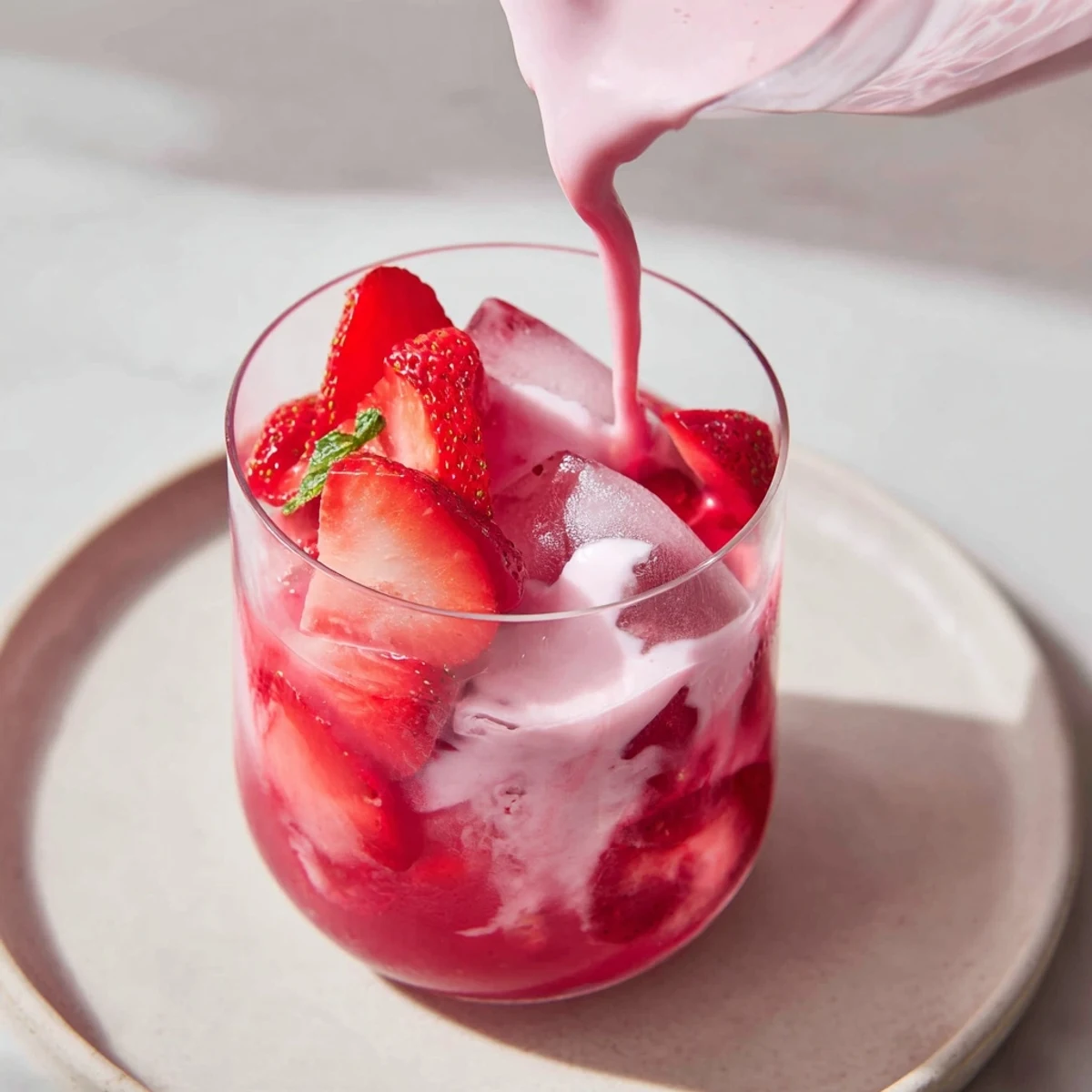 Refreshing Refresher Copycat Pink Drink garnished with vibrant strawberries, a perfect summer quencher.