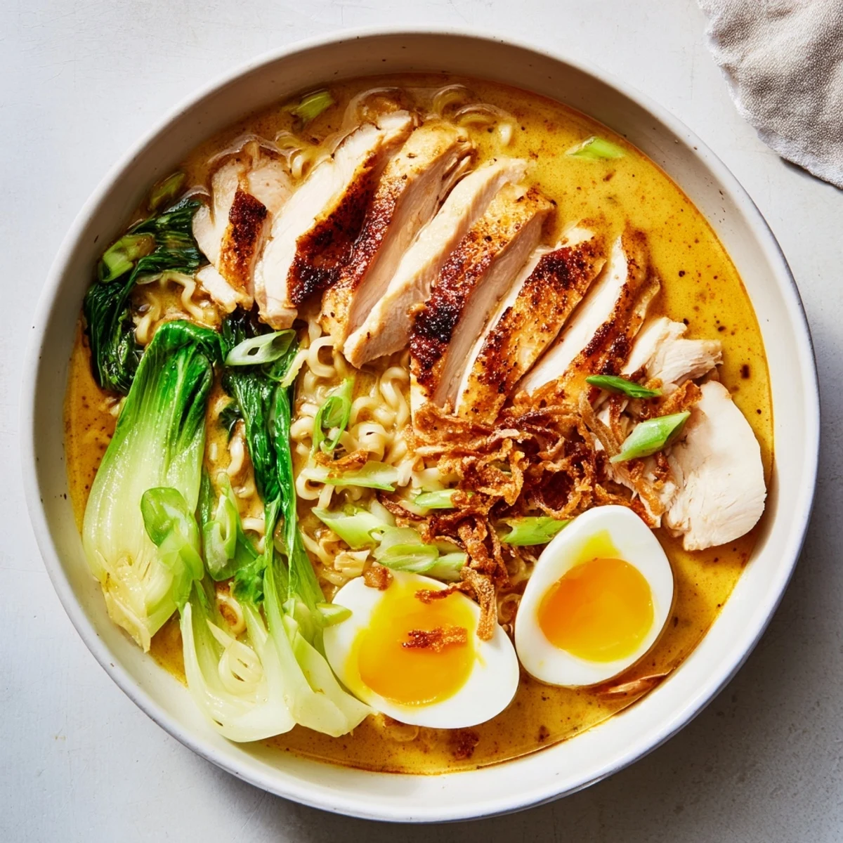 Rich, flavorful Thai miso ramen with crispy shallots and fresh cilantro, a comforting meal.